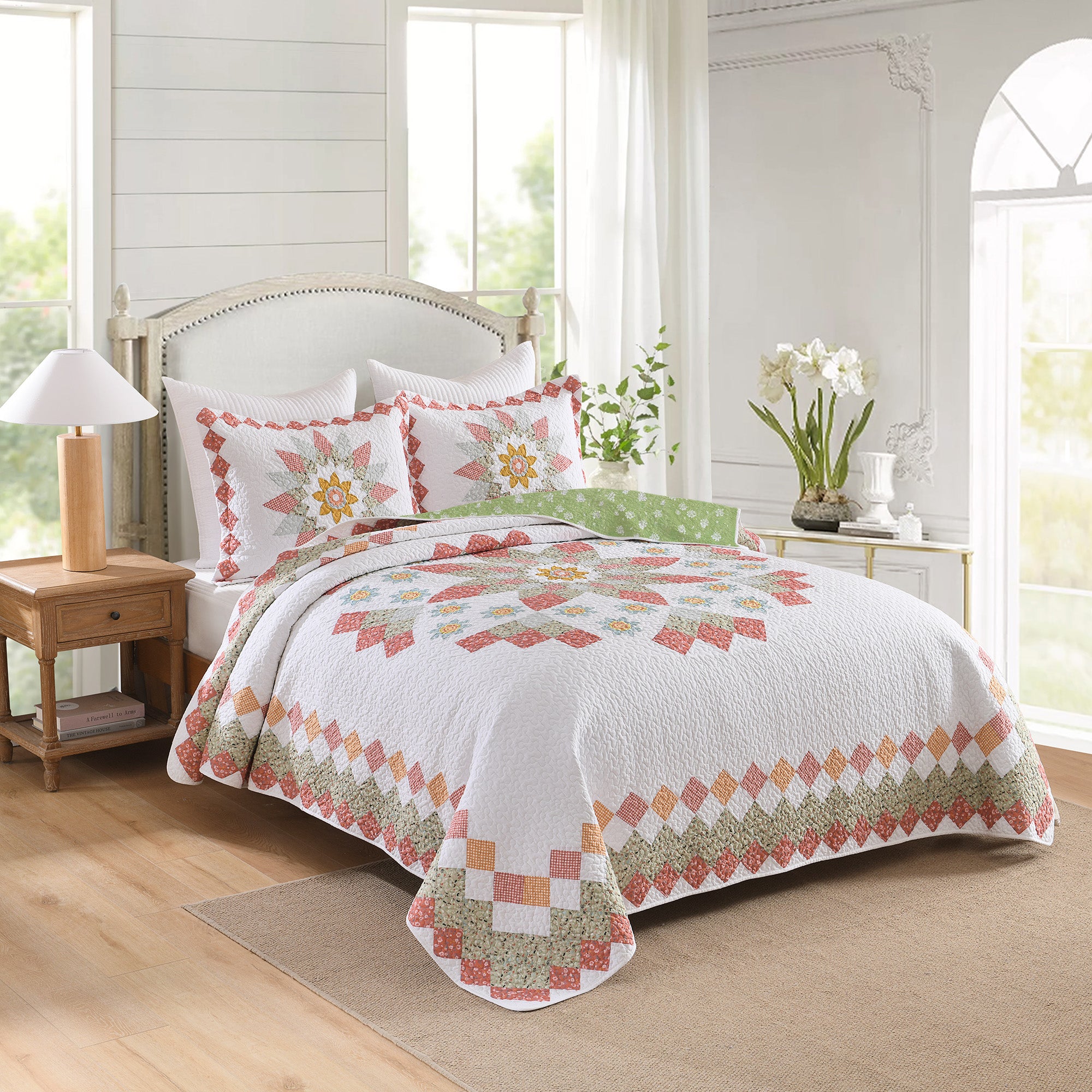 3 Piece 100% Cotton Floral Patchwork Quilt Set – Vintage Country Bedspread CP326
