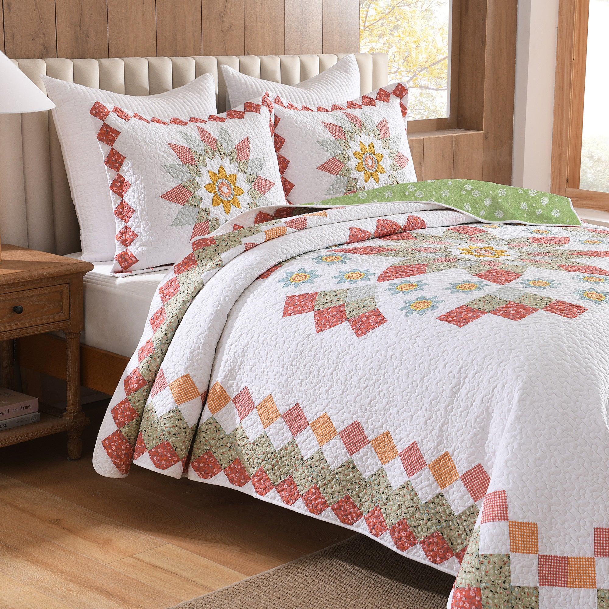 3 Piece 100% Cotton Floral Patchwork Quilt Set – Vintage Country Bedspread CP326