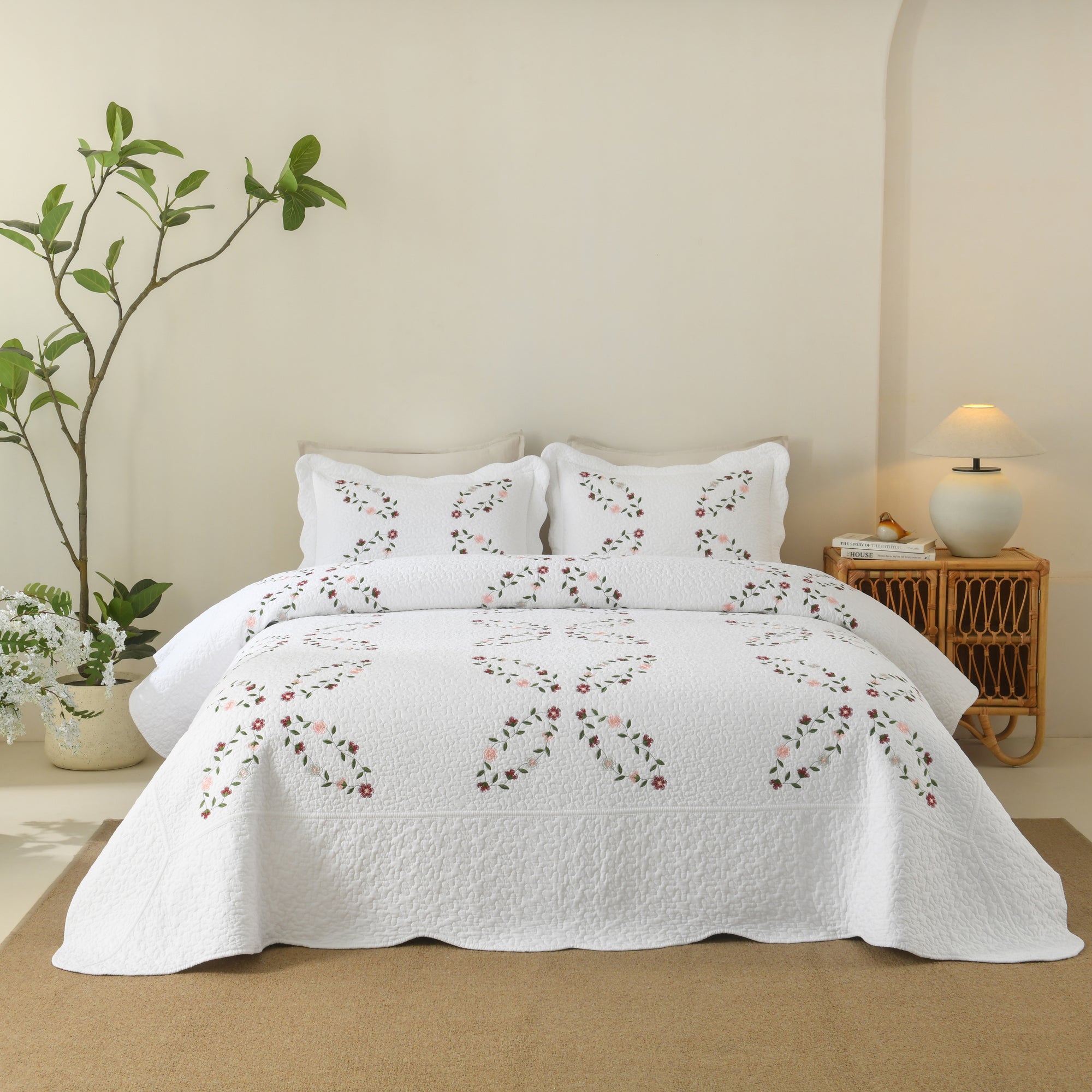 3 Piece 100% Cotton Cover Floral Vine Embroidered Cottage Quilt Bedspread Set ME526