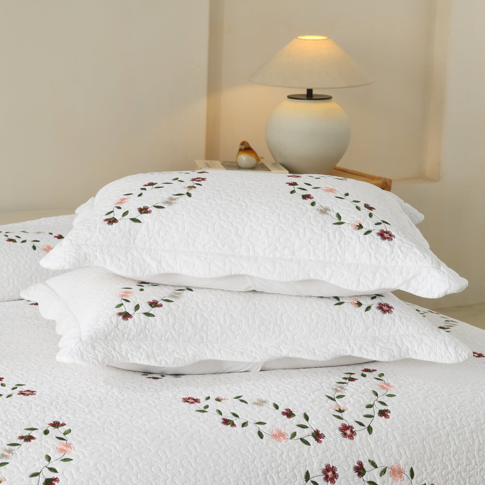 3 Piece 100% Cotton Cover Floral Vine Embroidered Cottage Quilt Bedspread Set ME526