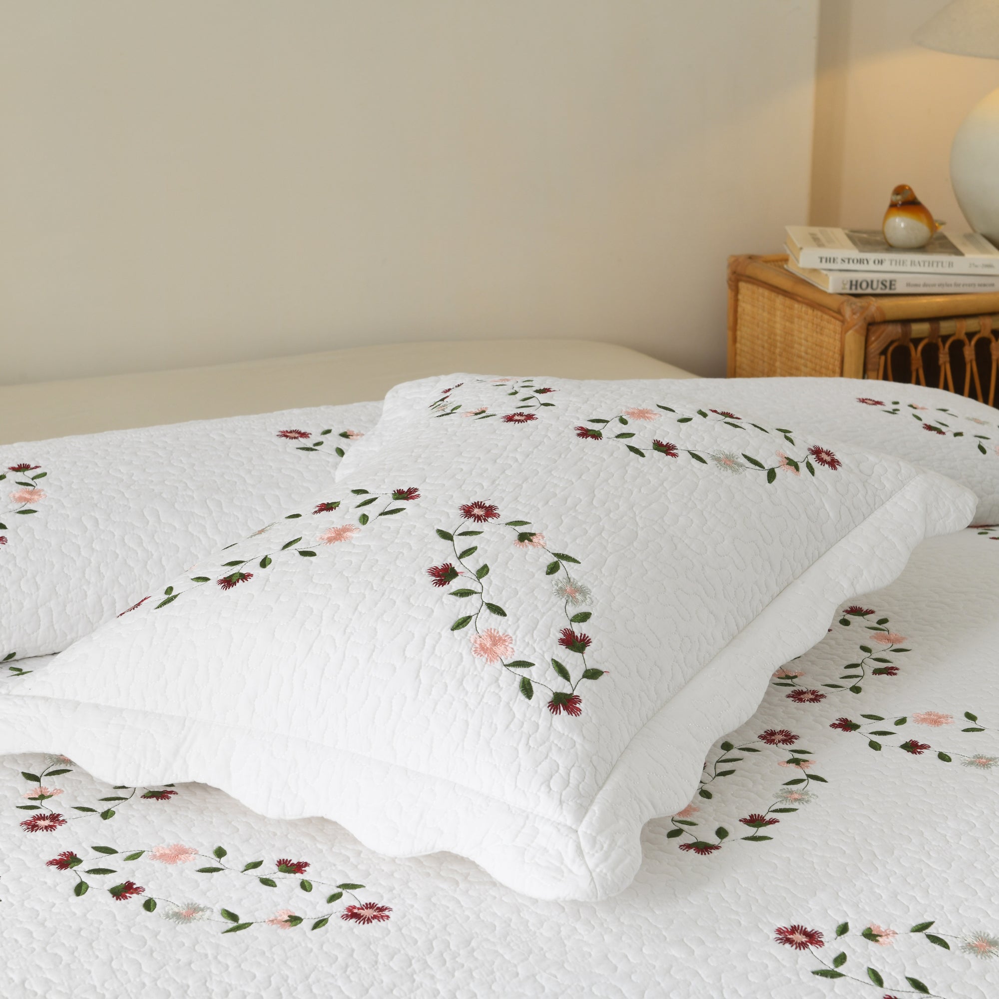 3 Piece 100% Cotton Cover Floral Vine Embroidered Cottage Quilt Bedspread Set ME526