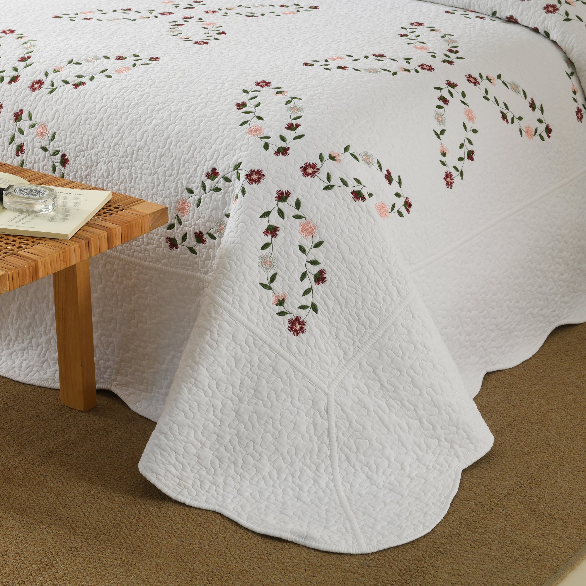 3 Piece 100% Cotton Cover Floral Vine Embroidered Cottage Quilt Bedspread Set ME526