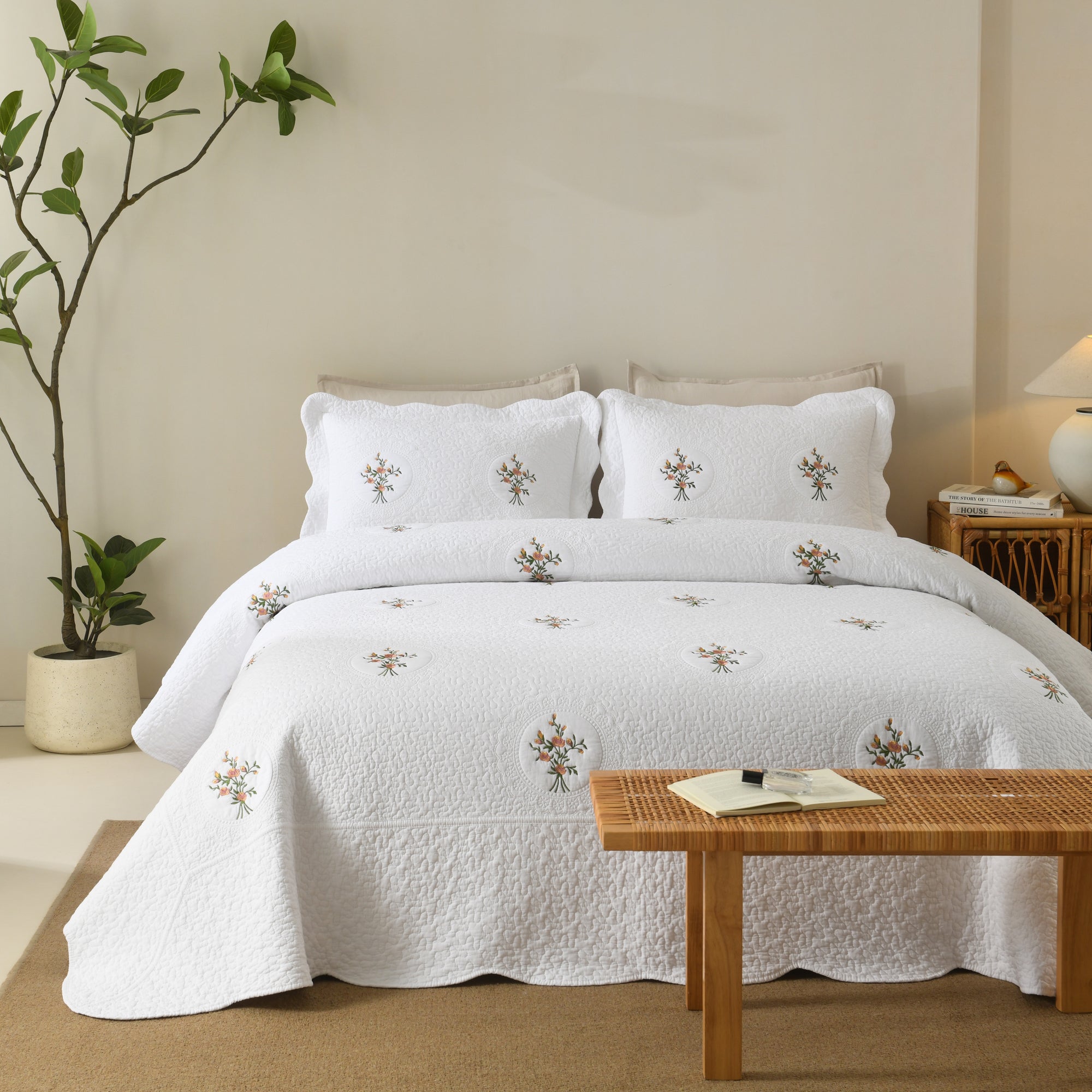 3 Piece 100% Cotton Cover Rose Embroidered Vintage Cottage Quilt Bedspread Set ME524