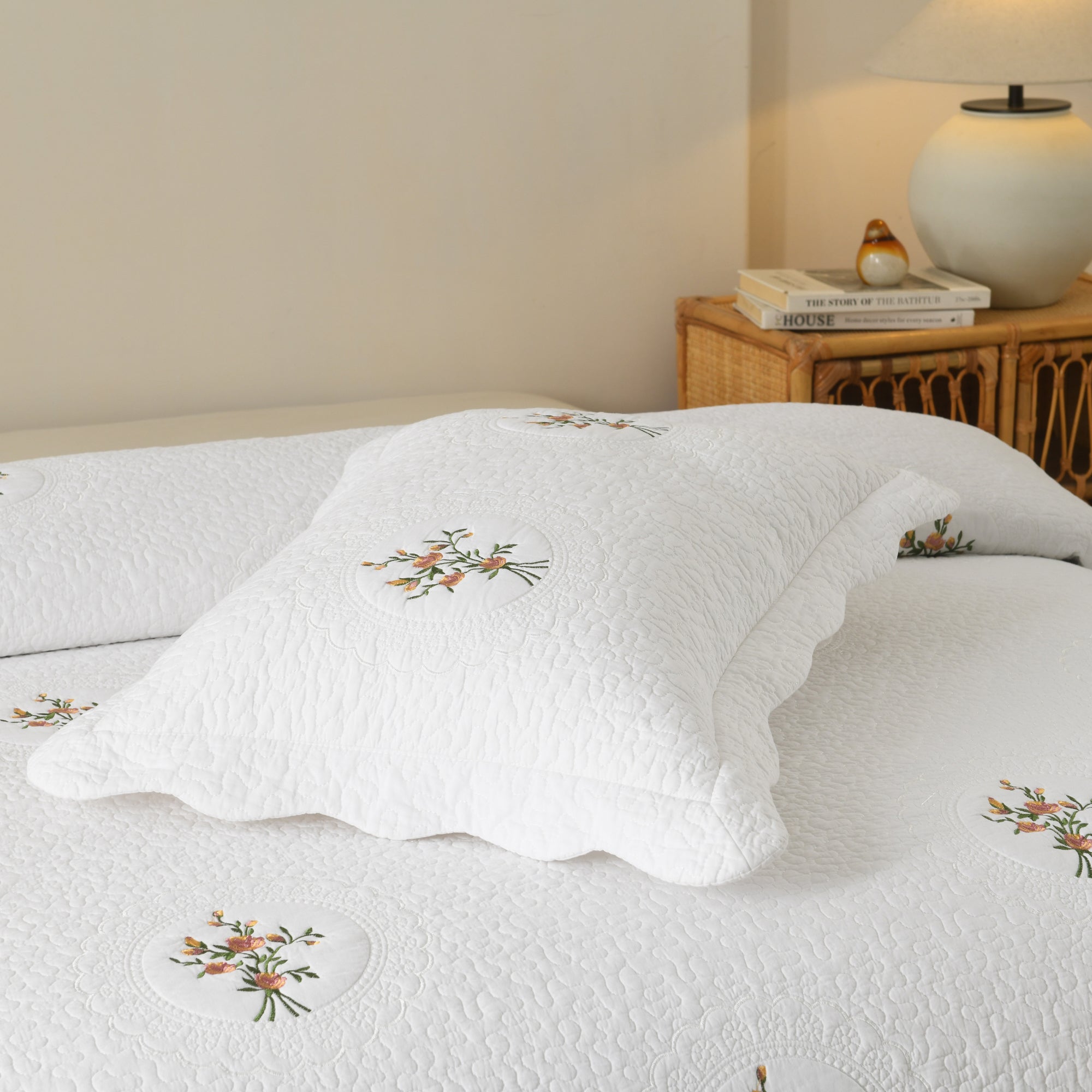 3 Piece 100% Cotton Cover Rose Embroidered Vintage Cottage Quilt Bedspread Set ME524