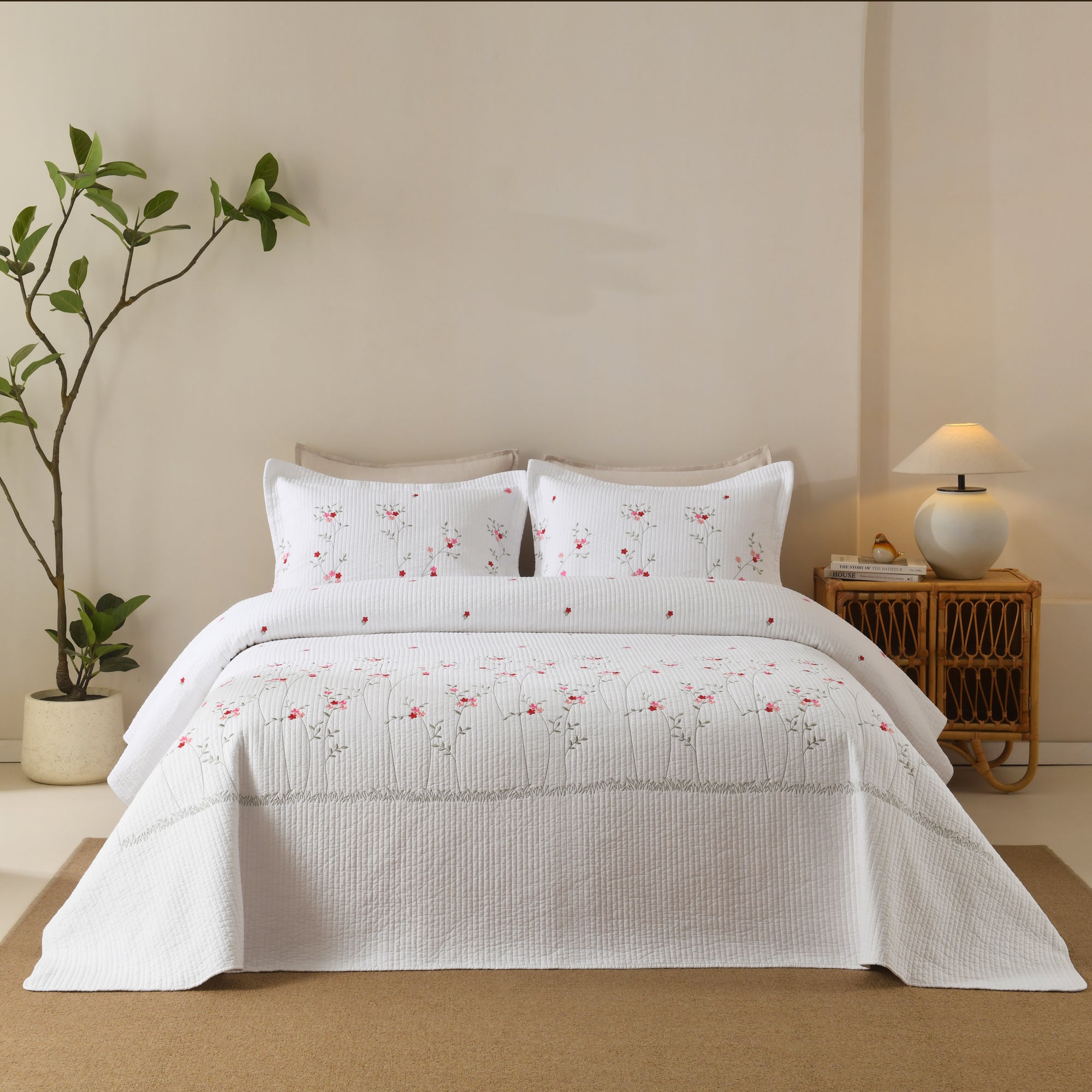 3 Piece Cotton Cover Floral Embroidered Cottage Quilt Bedspread Set ME513