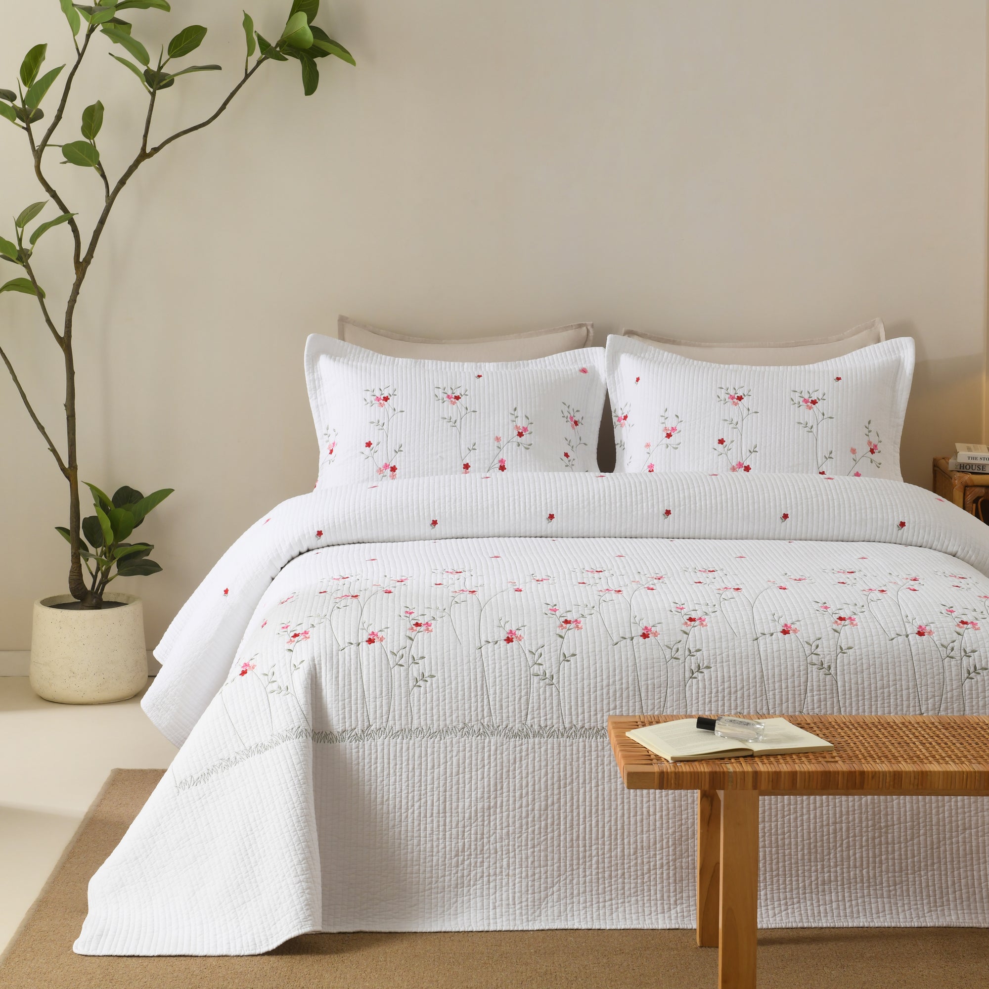 3 Piece Cotton Cover Floral Embroidered Cottage Quilt Bedspread Set ME513