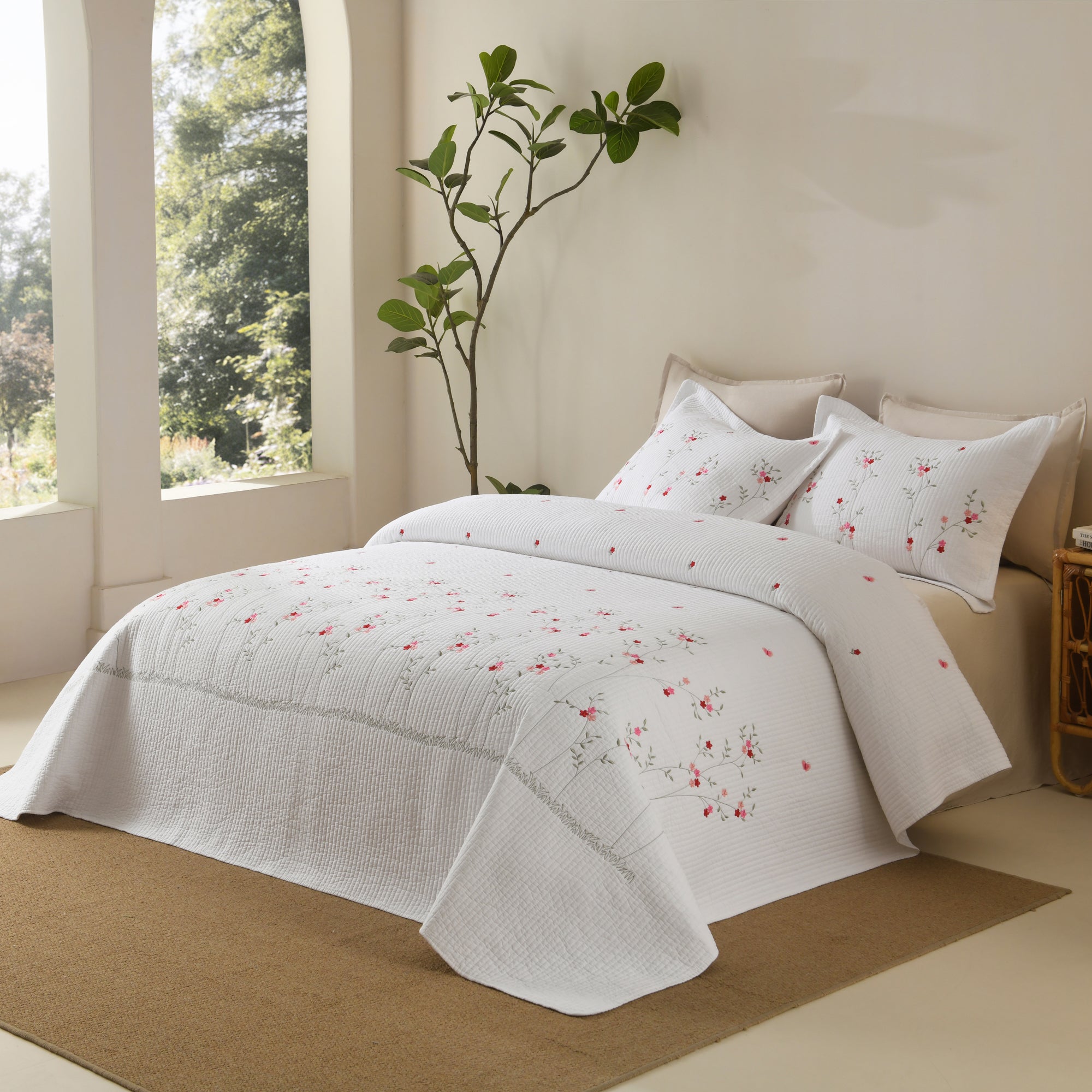 3 Piece Cotton Cover Floral Embroidered Cottage Quilt Bedspread Set ME513