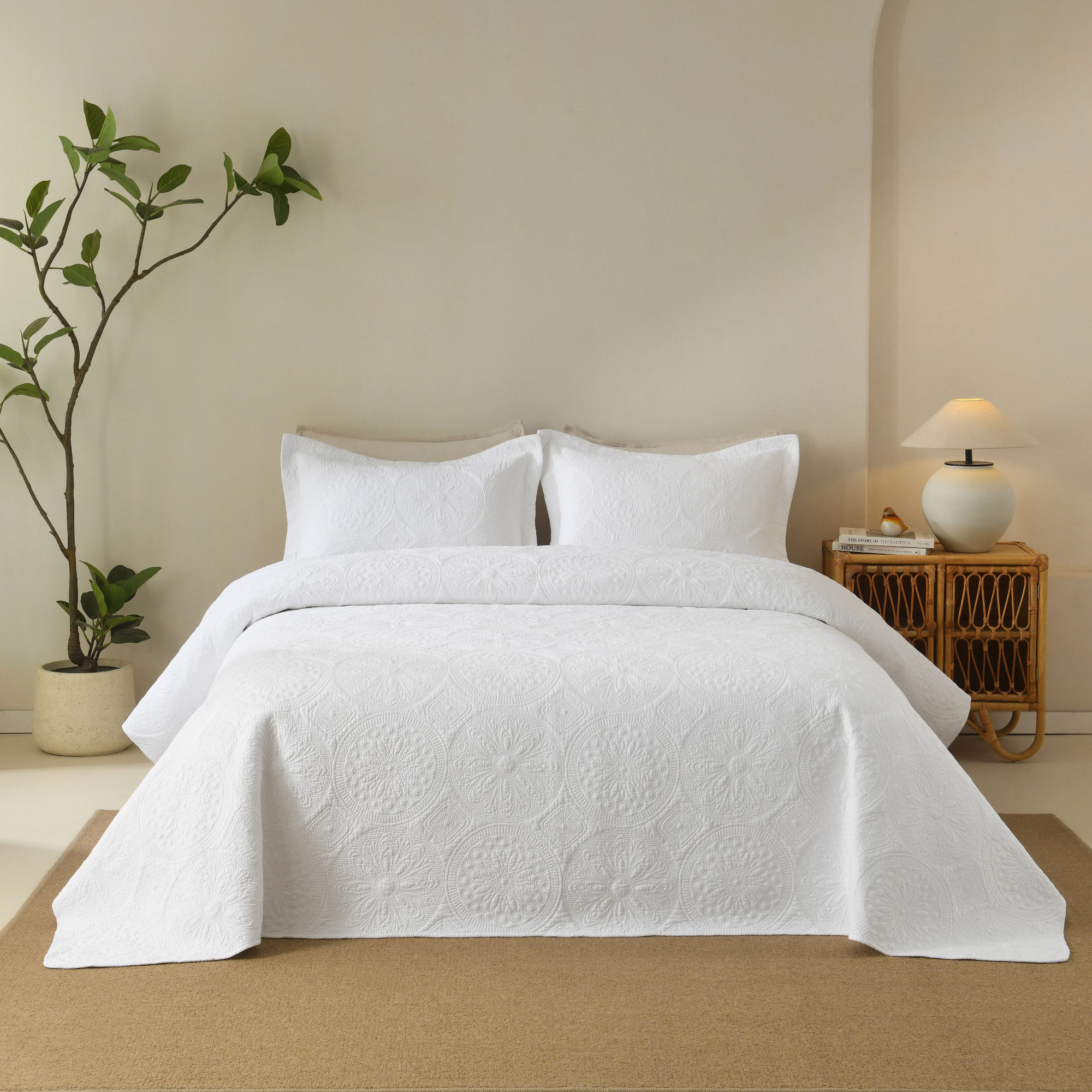 3 Piece Cotton Cover White Medallion Vintage Farmhouse Quilt Bedspread Set ME512