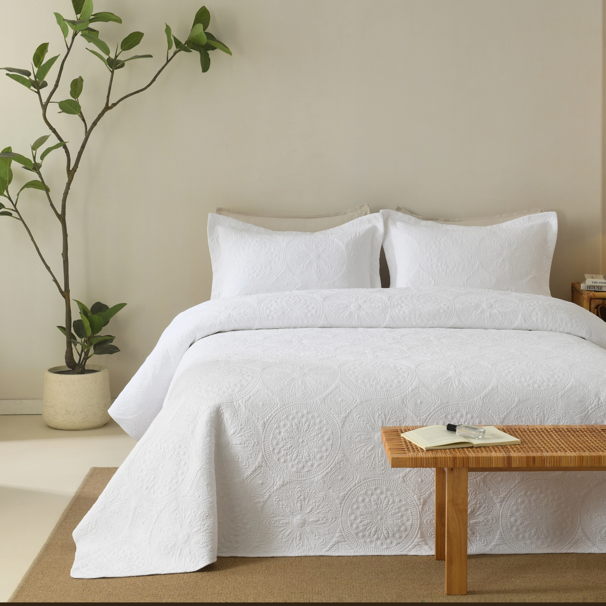 3 Piece Cotton Cover White Medallion Vintage Farmhouse Quilt Bedspread Set ME512