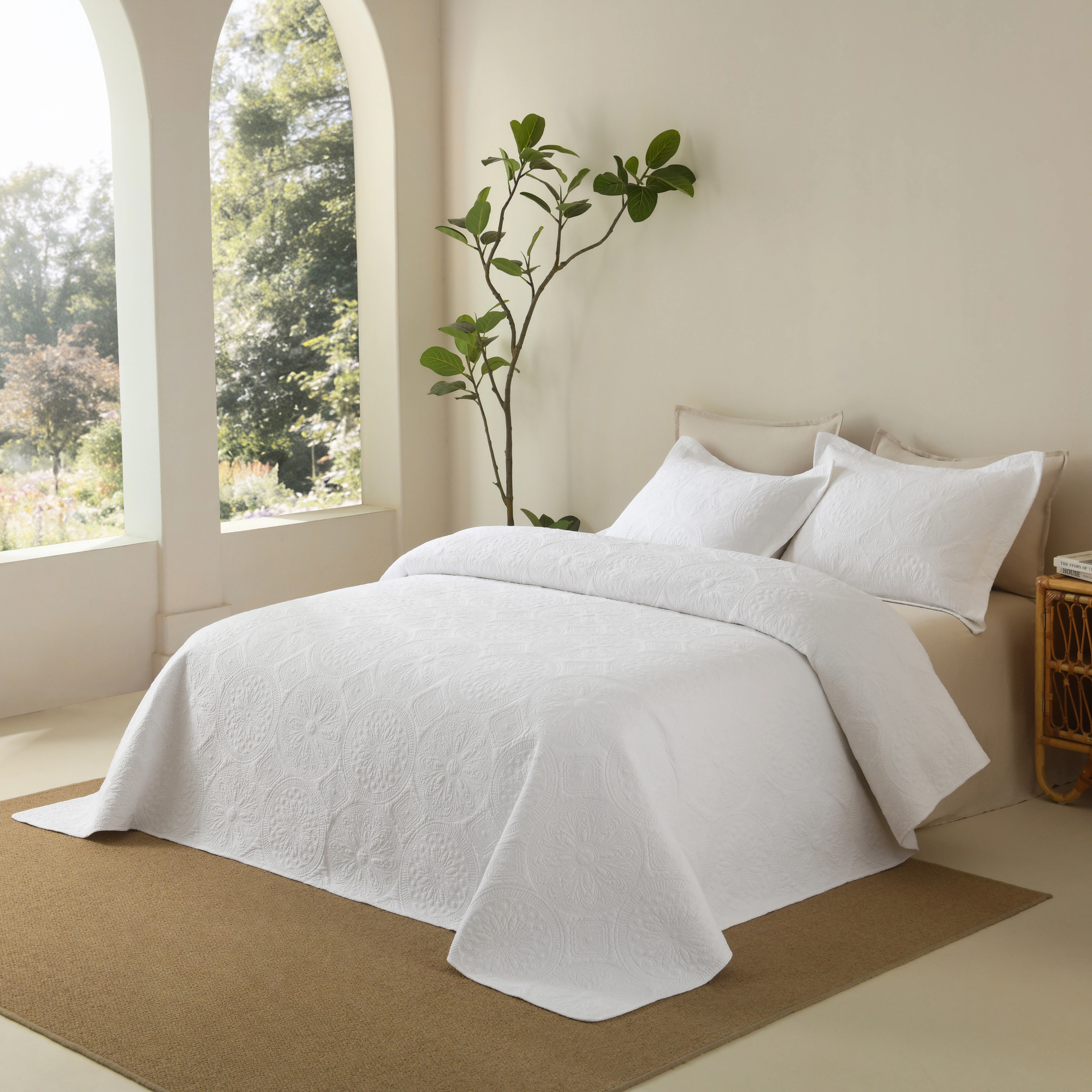 3 Piece Cotton Cover White Medallion Vintage Farmhouse Quilt Bedspread Set ME512