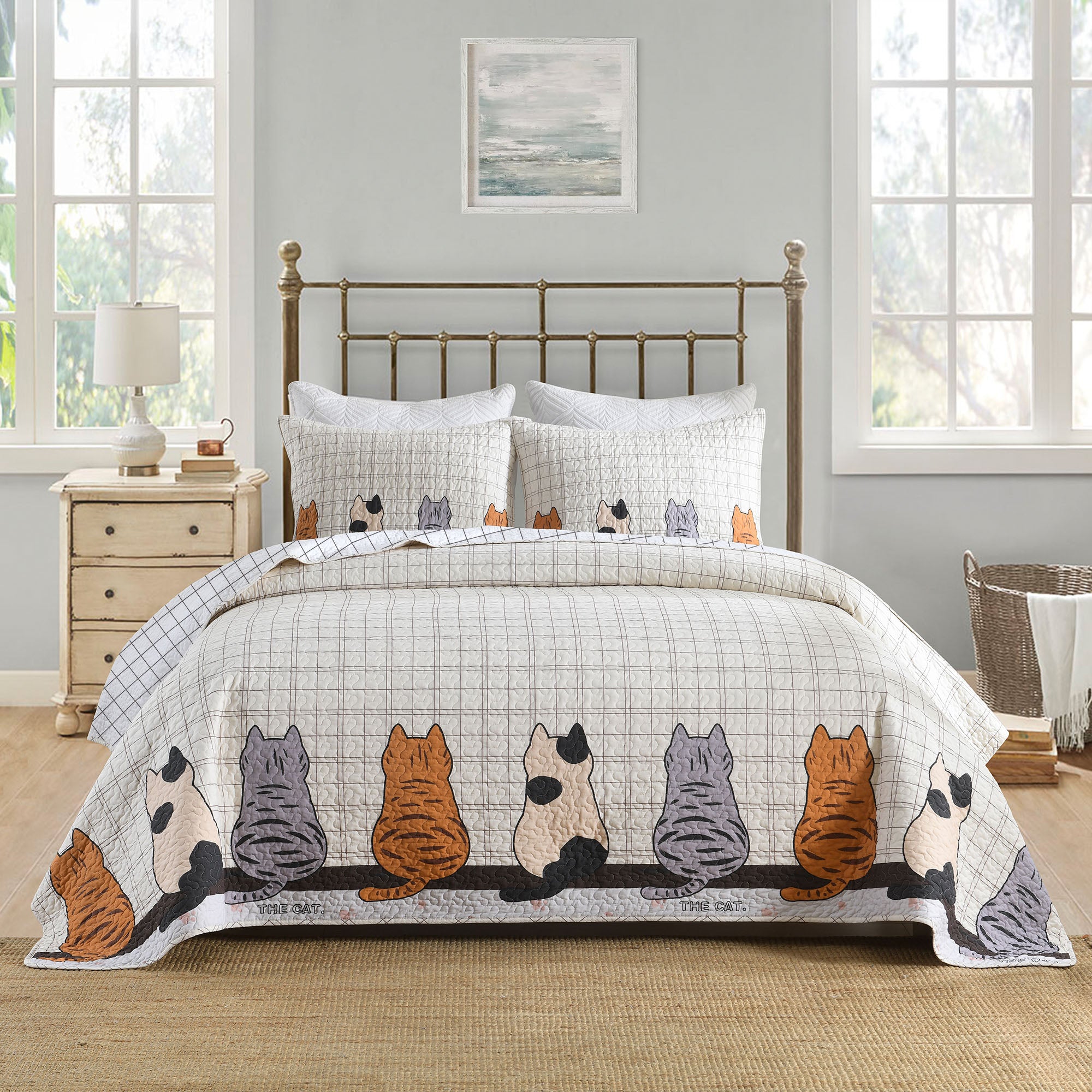 3 Piece Elegant Cat Silhouette Checkered Quilt Set Bedspread BY211