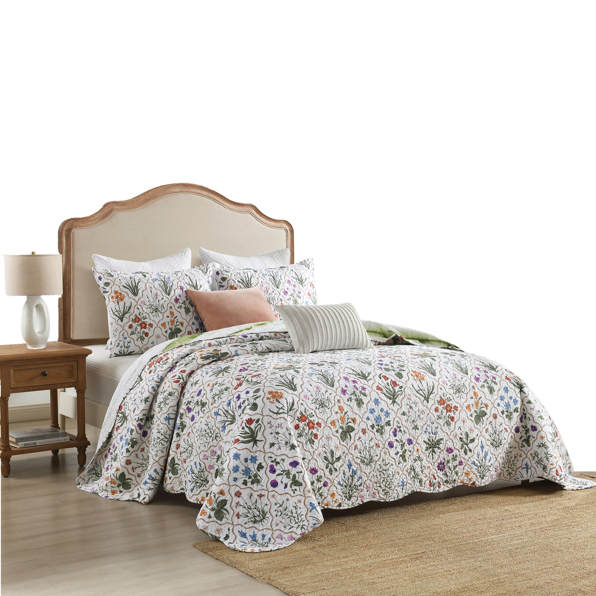 3 Piece Soft Polyester Floral Quilt Set - Botanical Print Quilted Bedspread