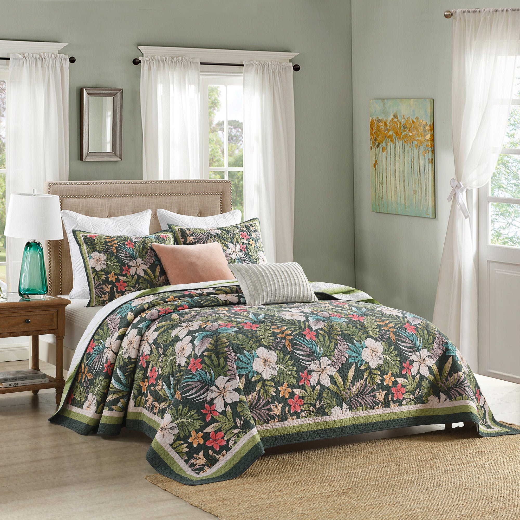 3 Piece Lightweight Polyester Tropical Leaf and Flower Quilt Bedspread Set BY223