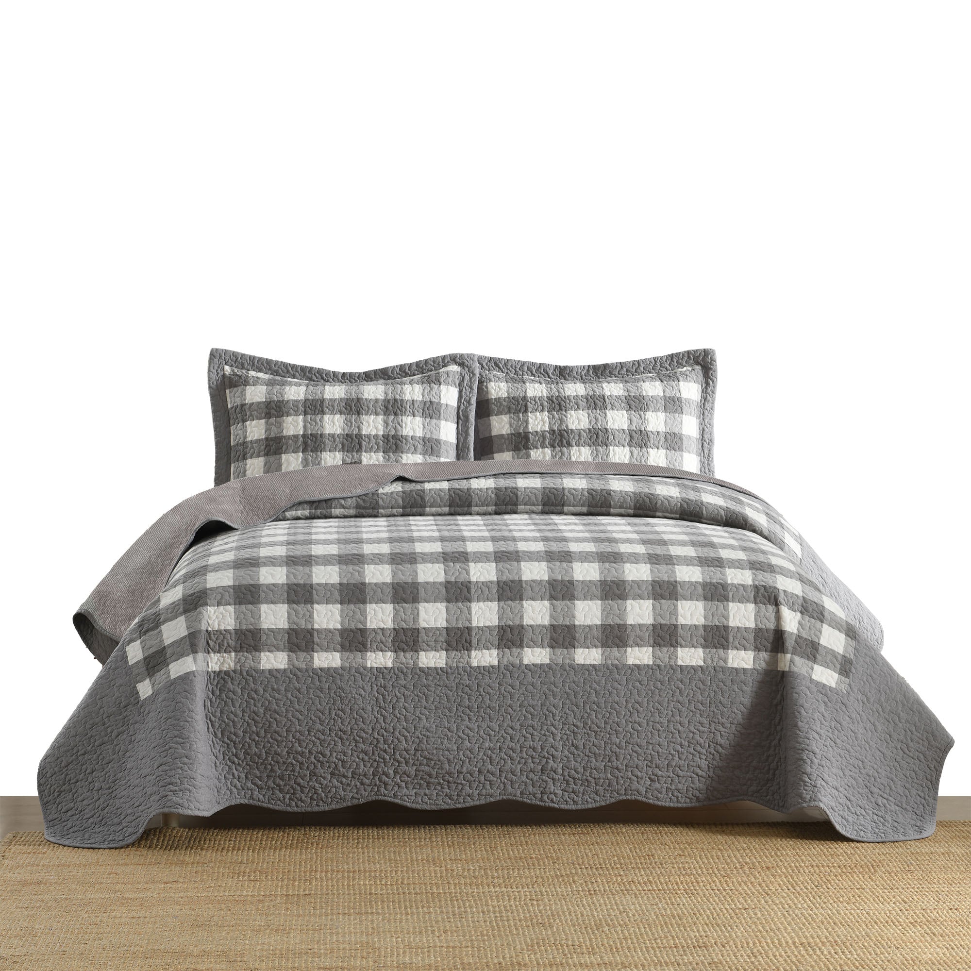 3 Piece Gray and White Checkered Quilt Set Bedspread BY213