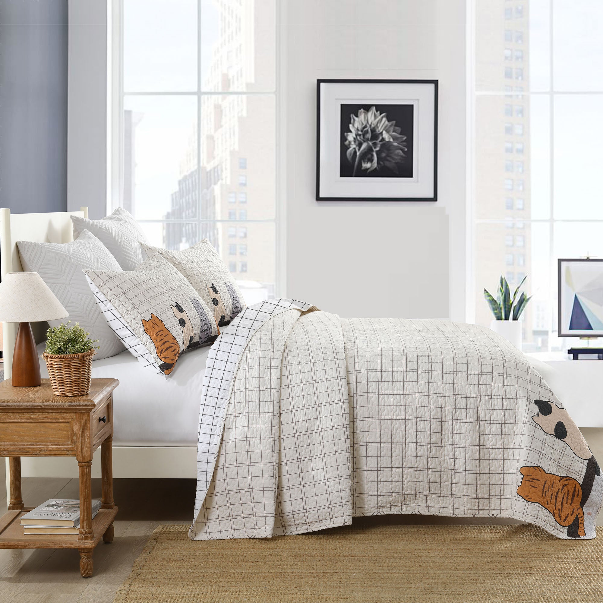 3 Piece Elegant Cat Silhouette Checkered Quilt Set Bedspread BY211