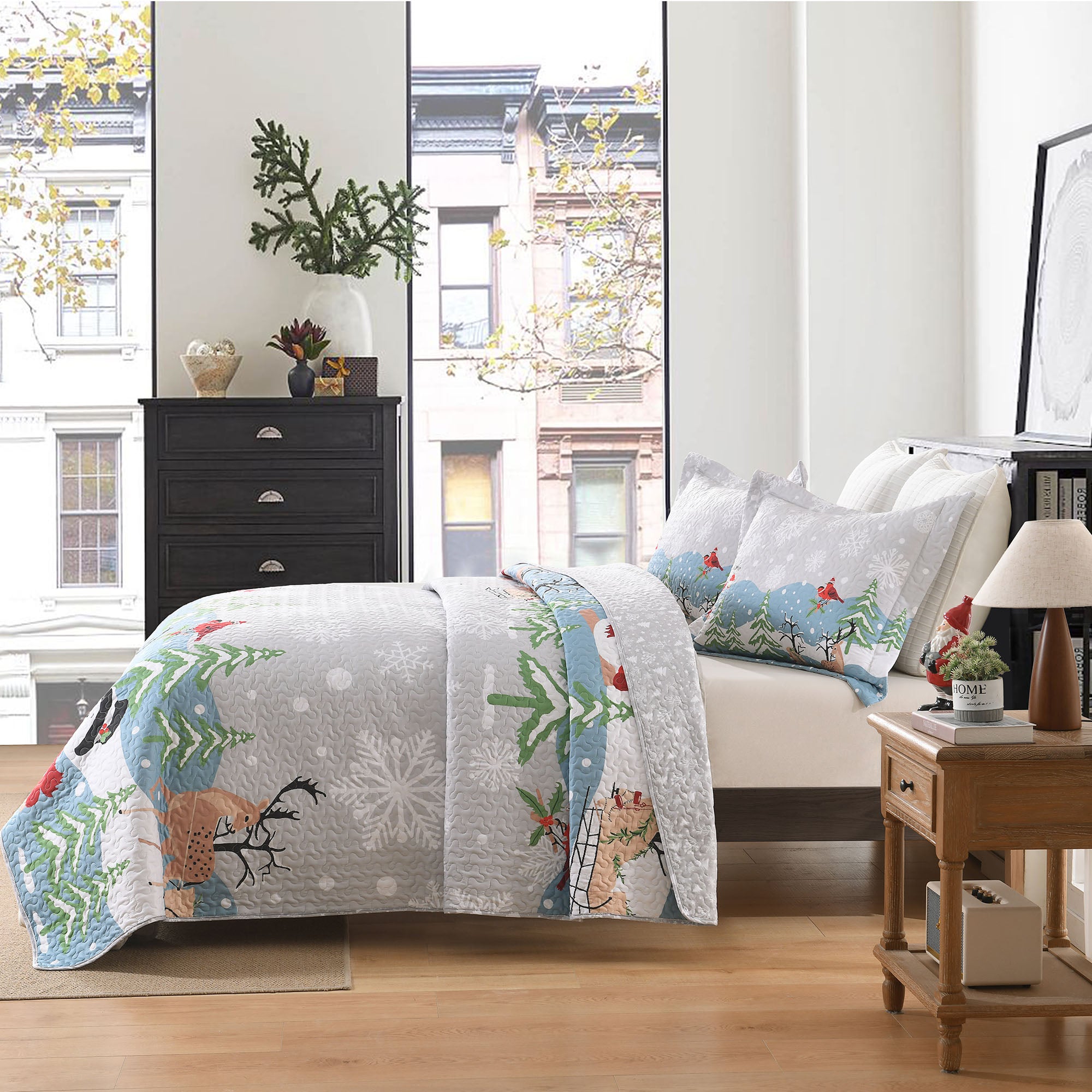 3 Piece Reversible Winter Wonderland Christmas Quilt Bedspread Set BY215