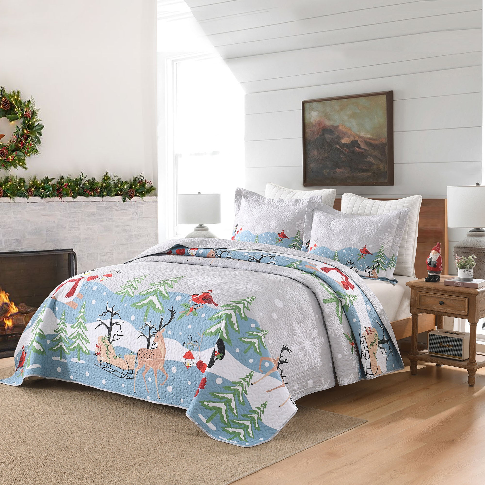 3 Piece Reversible Winter Wonderland Christmas Quilt Bedspread Set BY215