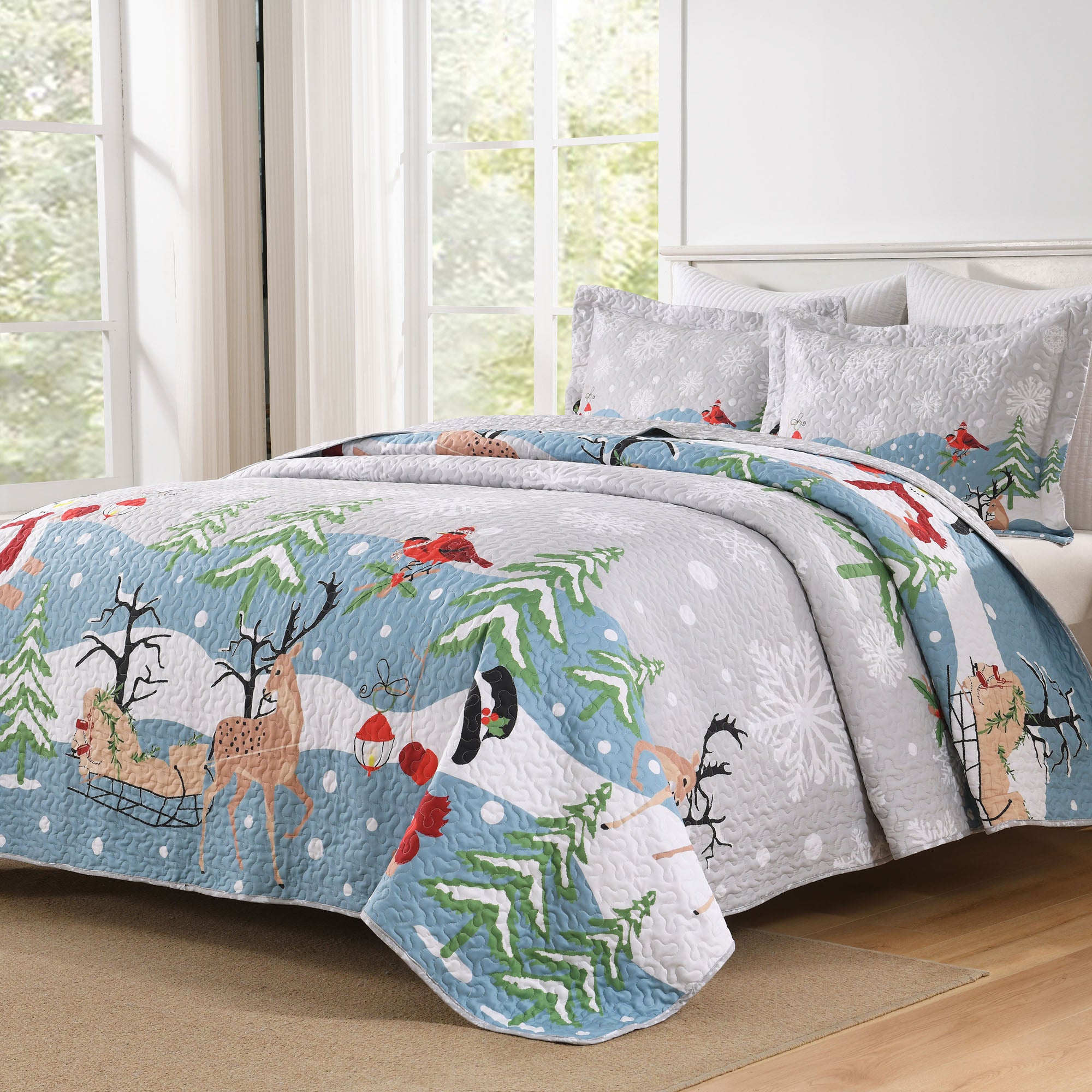3 Piece Reversible Winter Wonderland Christmas Quilt Bedspread Set BY215