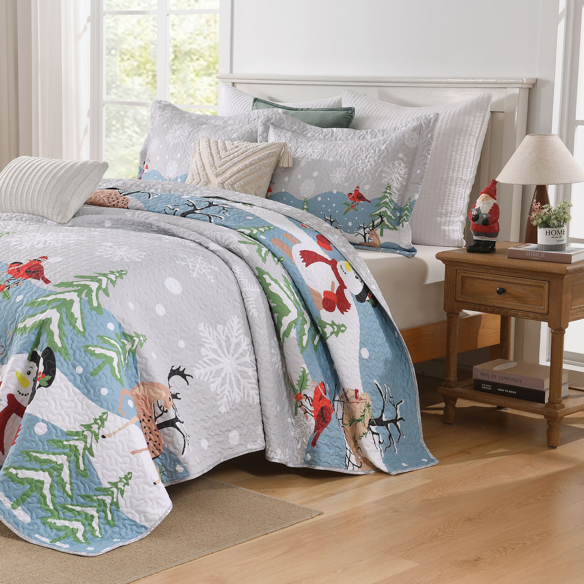 3 Piece Reversible Winter Wonderland Christmas Quilt Bedspread Set BY215