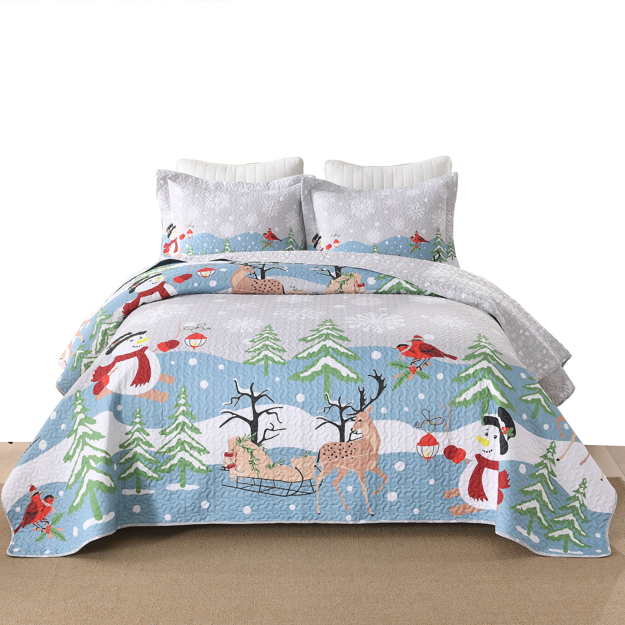 3 Piece Reversible Winter Wonderland Christmas Quilt Bedspread Set BY215