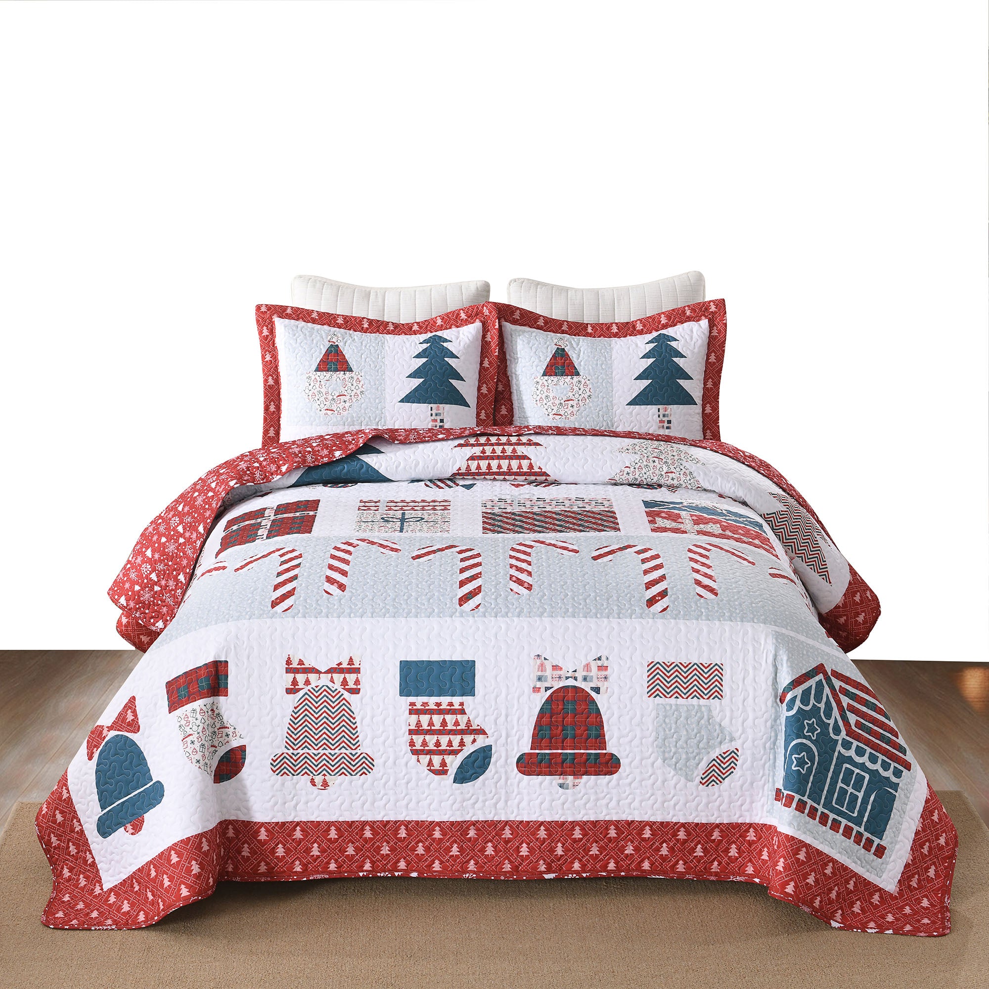 3 Piece Soft Polyester Reversible Christmas Holiday Quilt Bedspread Set BY214