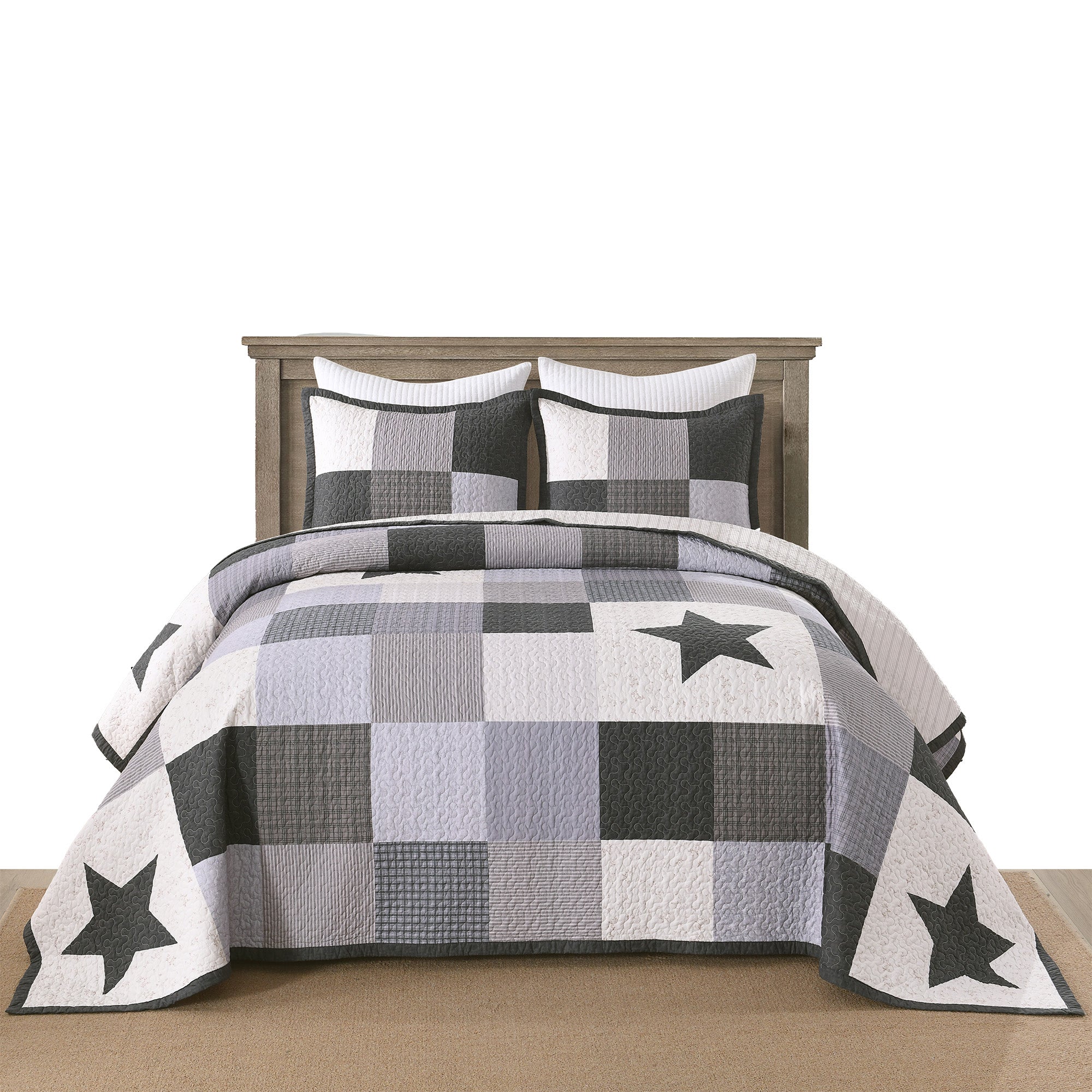 3 Pcs 100% Cotton Modern Star Pattern Checkered Quilt Bedspread Set CP327