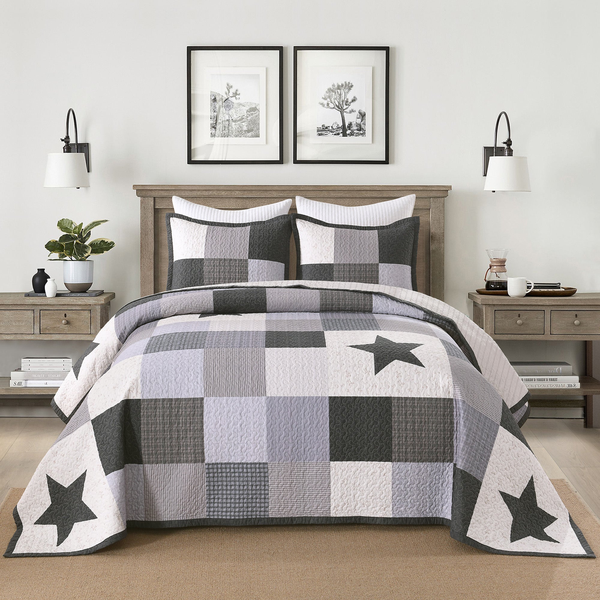 3 Pcs 100% Cotton Modern Star Pattern Checkered Quilt Bedspread Set CP327