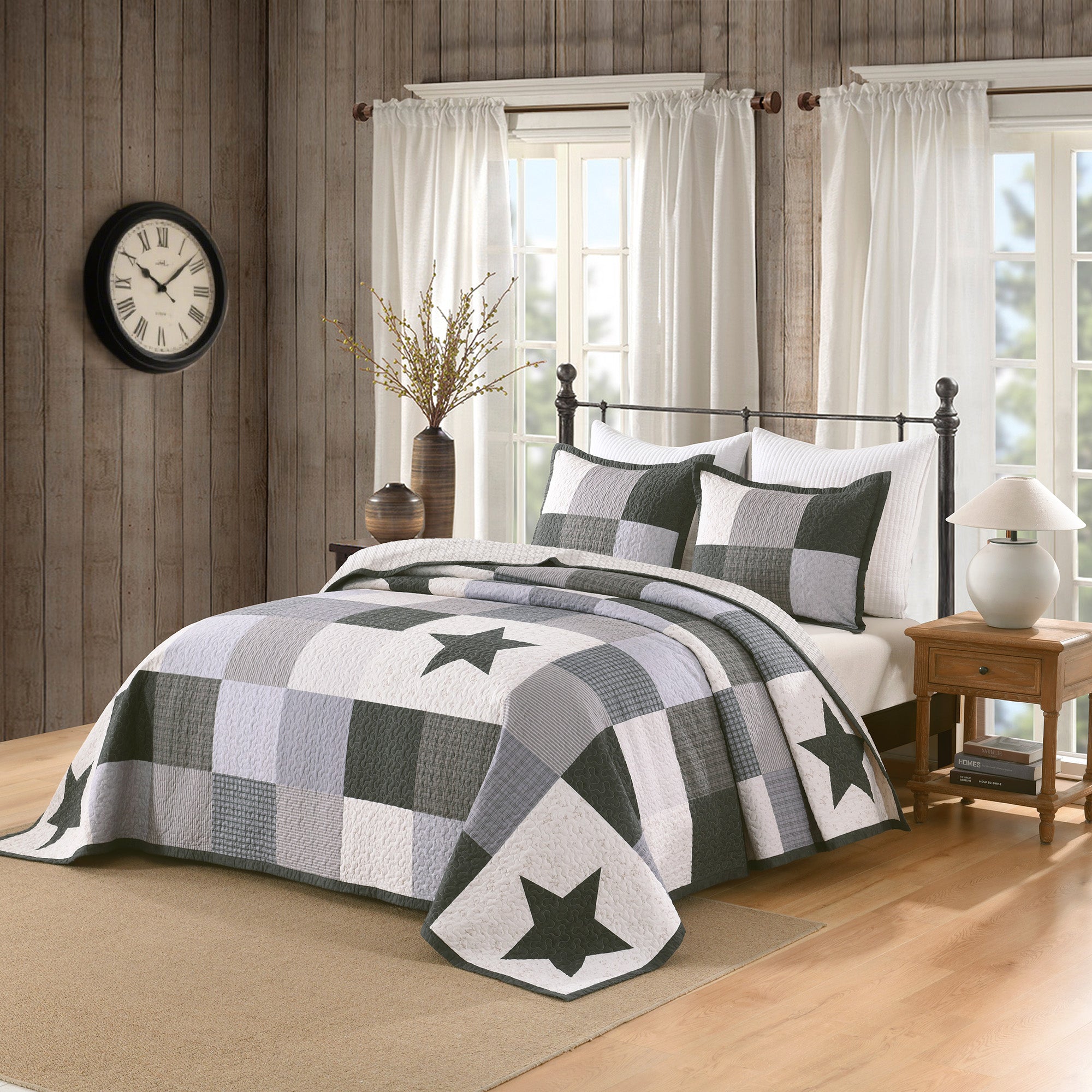 3 Pcs 100% Cotton Modern Star Pattern Checkered Quilt Bedspread Set CP327