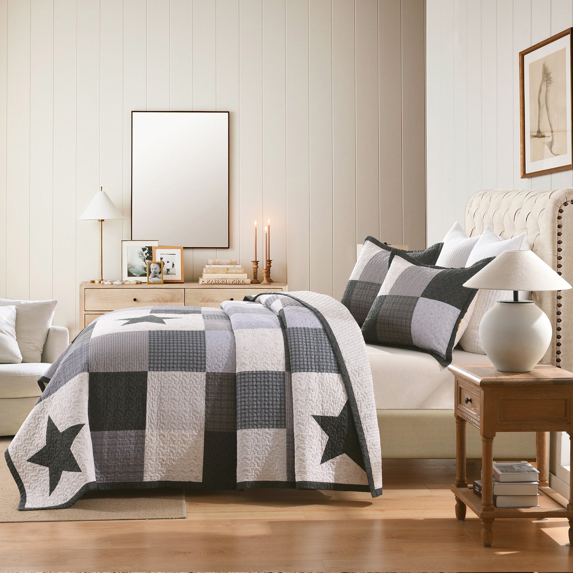 3 Pcs 100% Cotton Modern Star Pattern Checkered Quilt Bedspread Set CP327