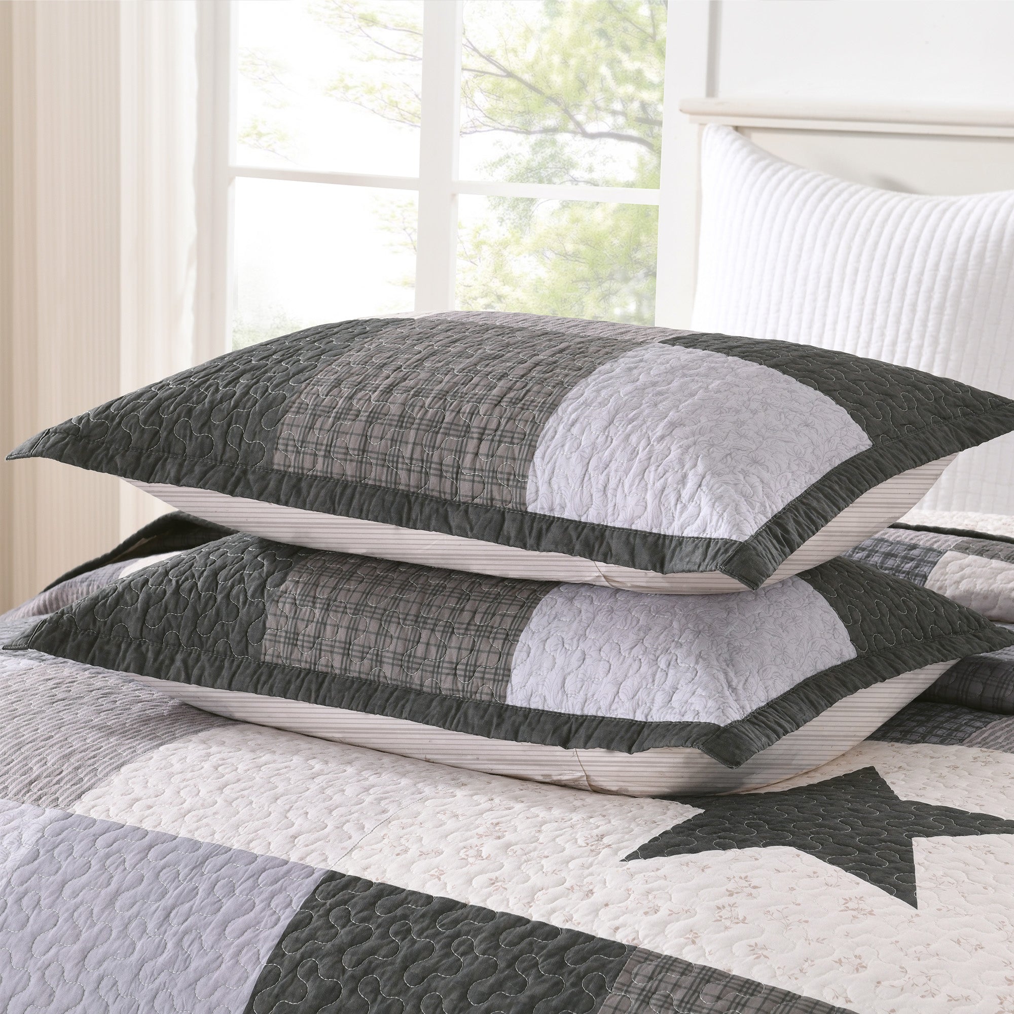 3 Pcs 100% Cotton Modern Star Pattern Checkered Quilt Bedspread Set CP327
