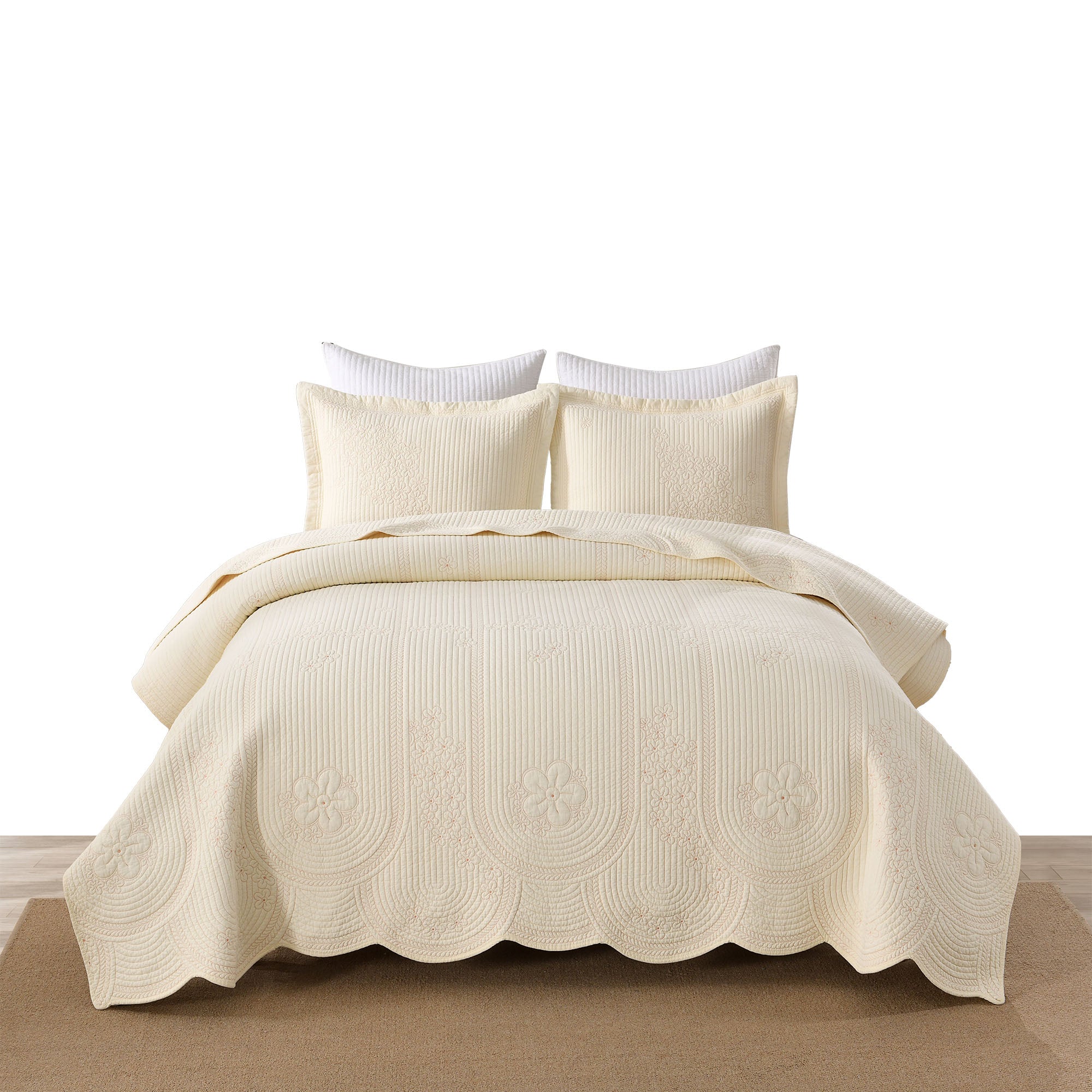 3 Pcs 100% Cotton Embroidered Bedspread Set with Floral Stitching & Scalloped Edge TU145