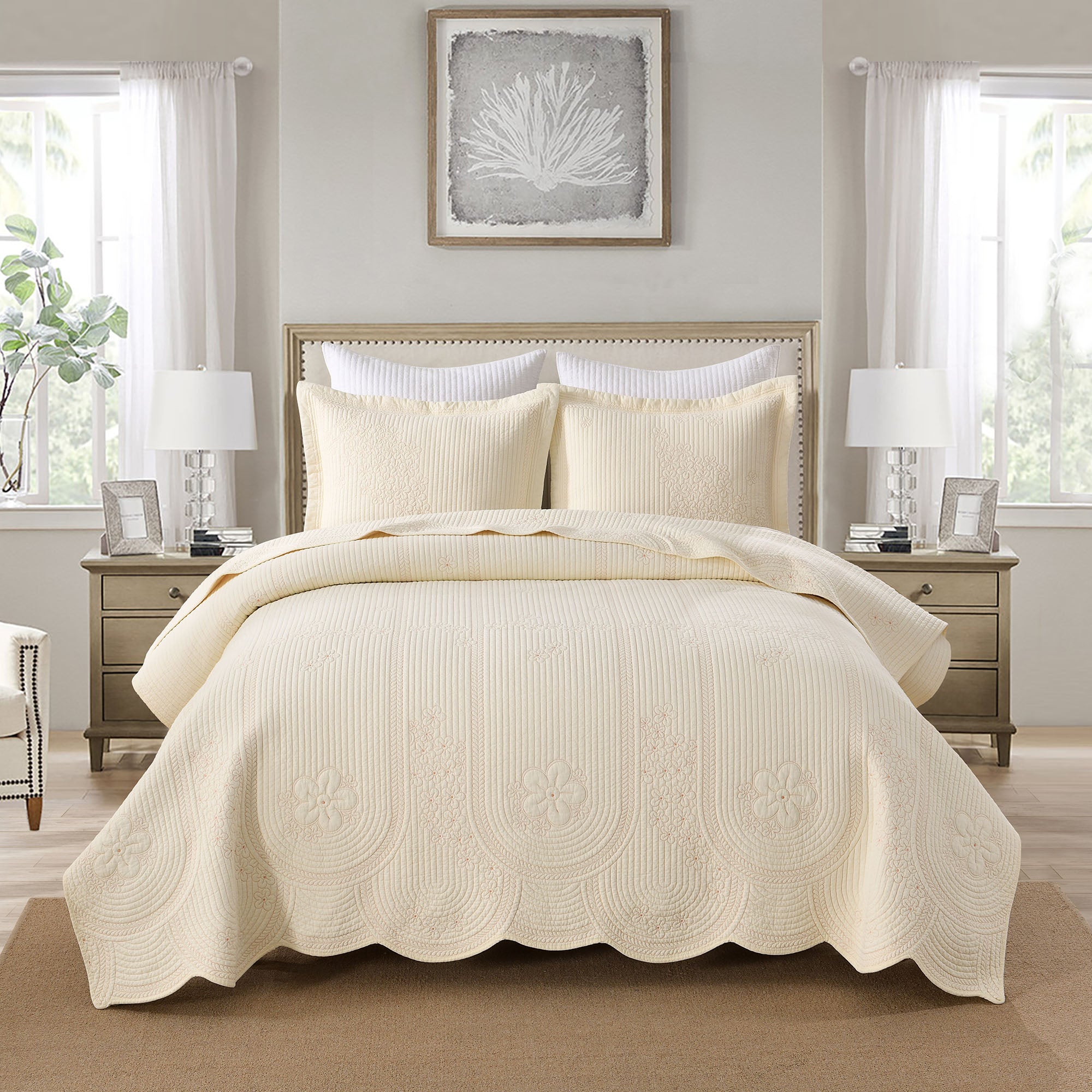 3 Piece 100% Cotton Embroidered Quilt Set – Floral Bedspread TU145
