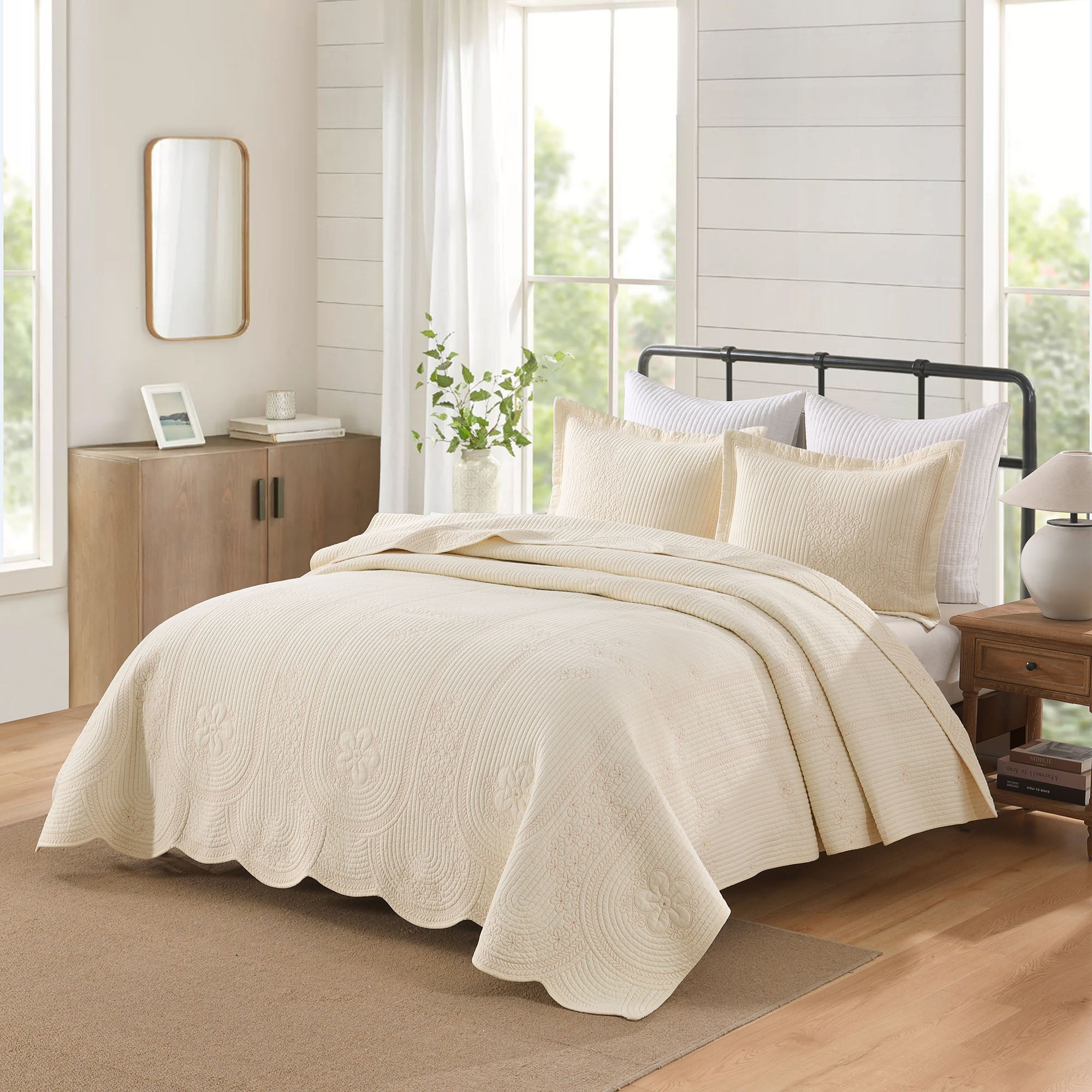 3 Piece 100% Cotton Embroidered Quilt Set – Floral Bedspread TU145