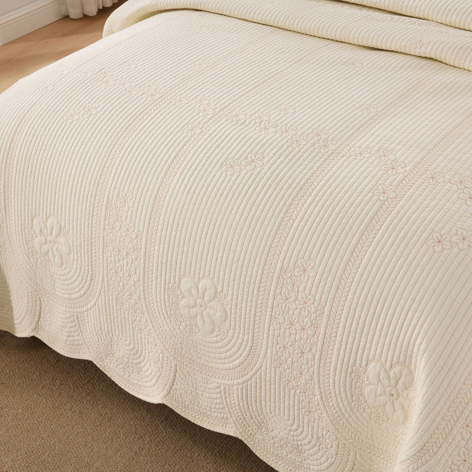 3 Pcs 100% Cotton Embroidered Bedspread Set with Floral Stitching & Scalloped Edge TU145