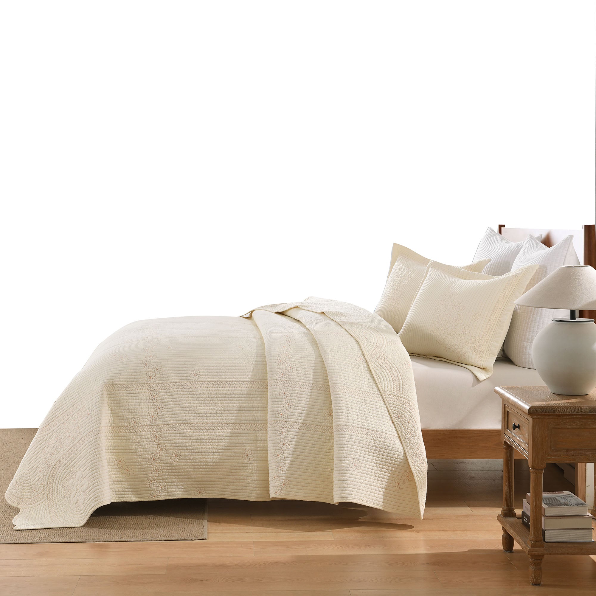 3 Pcs 100% Cotton Embroidered Bedspread Set with Floral Stitching & Scalloped Edge TU145