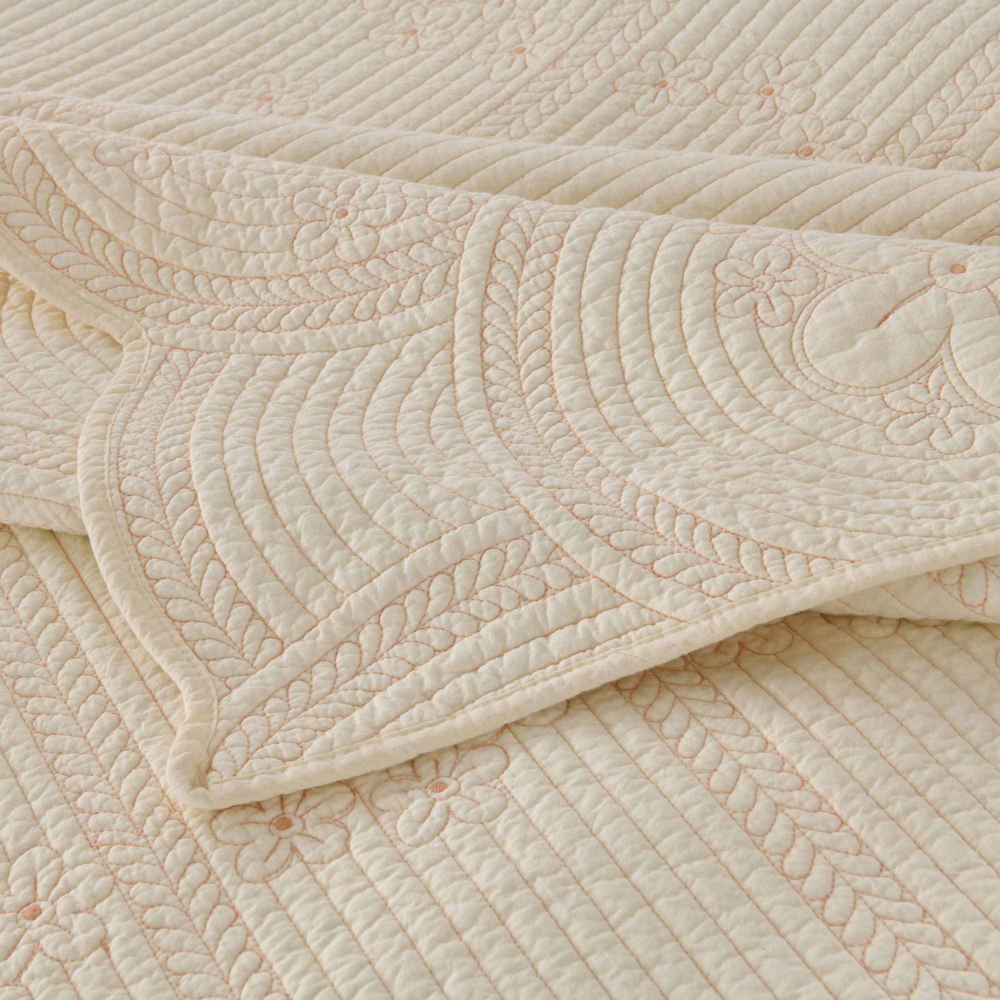 3 Pcs 100% Cotton Embroidered Bedspread Set with Floral Stitching & Scalloped Edge TU145