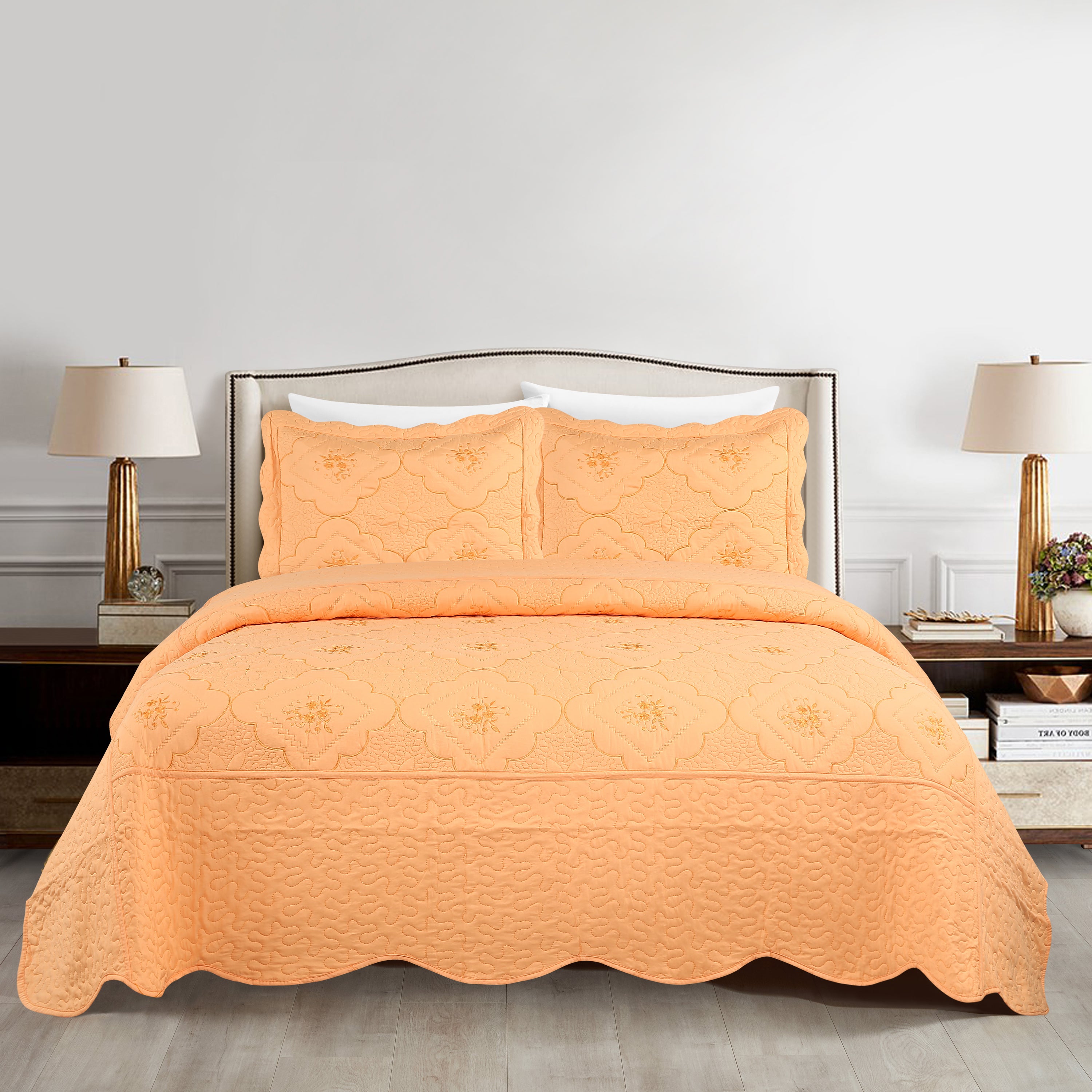 3 Piece Floral Embroidered Quilted Bedspread Set
