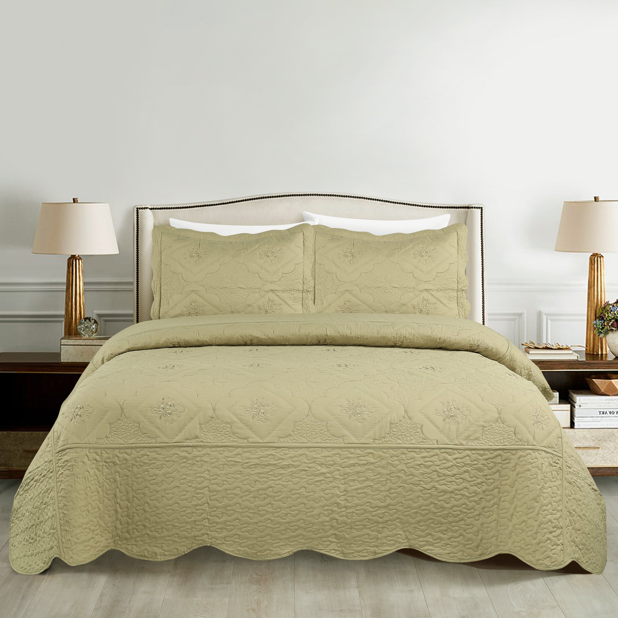 3 Piece Floral Embroidered Quilted Bedspread-Beautiful Stitching- Lightweight Bedspread Set Queen/King Size