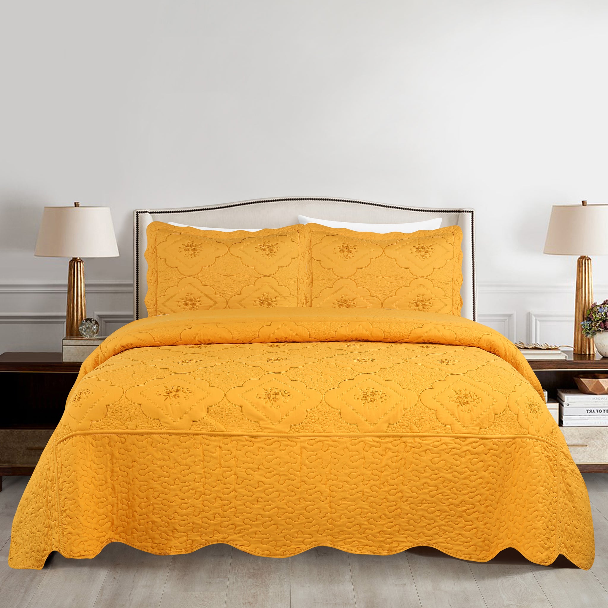 3 Piece Floral Embroidered Quilted Bedspread-Beautiful Stitching- Lightweight Bedspread Set Queen/King Size