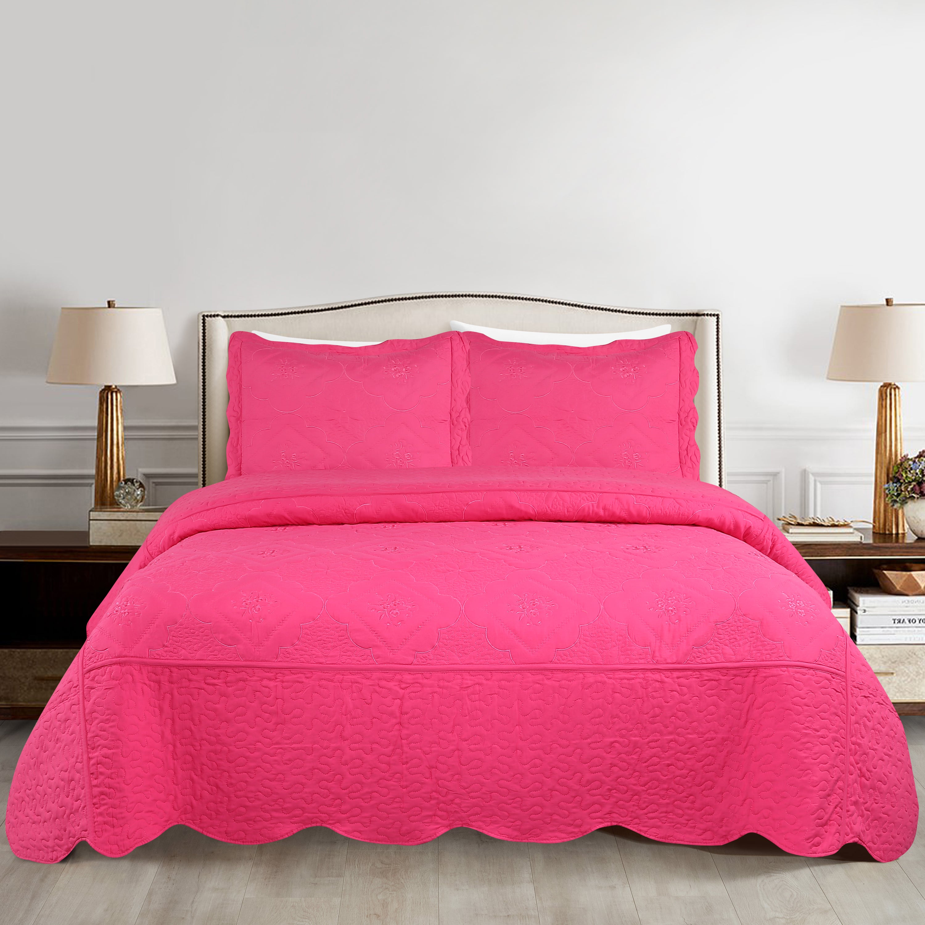 3 Piece Floral Embroidered Quilted Bedspread Set