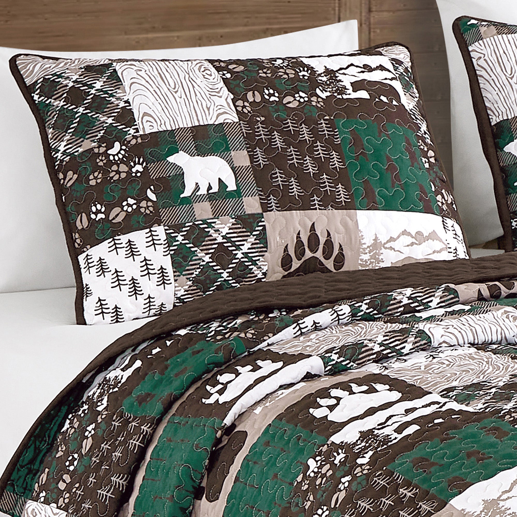 3-Piece Rustic Lodge Polyester Quilt Bedspread Set – Patchwork Bear & Paw Print Cabin Bedding JB600