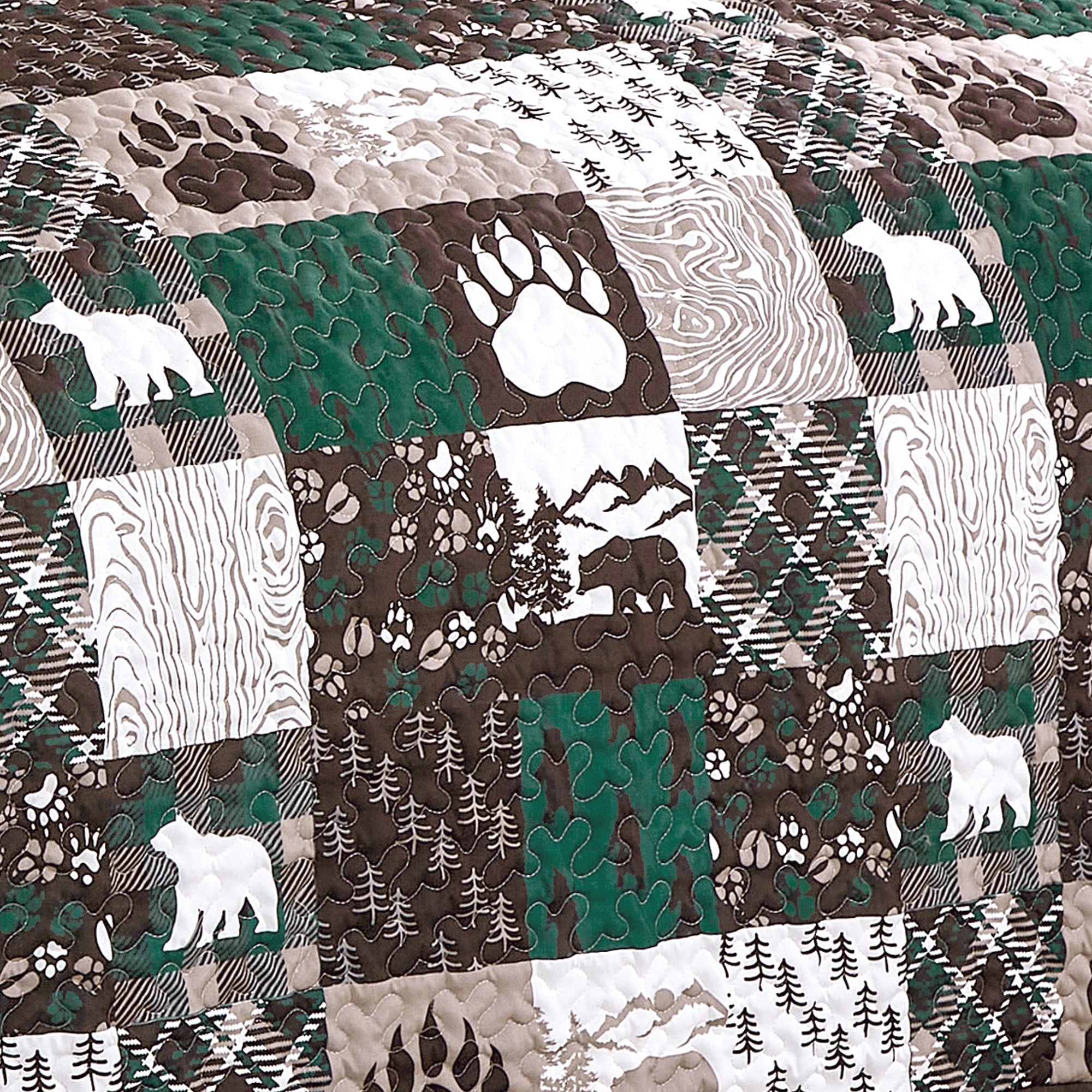 3-Piece Rustic Lodge Polyester Quilt Bedspread Set – Patchwork Bear & Paw Print Cabin Bedding JB600