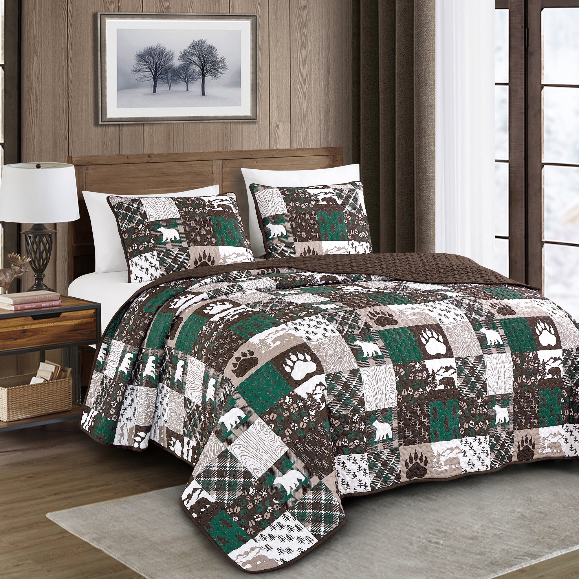 3 Piece Rustic Lodge Polyester Quilt Set Bedspread – Patchwork Bear & Paw JB600