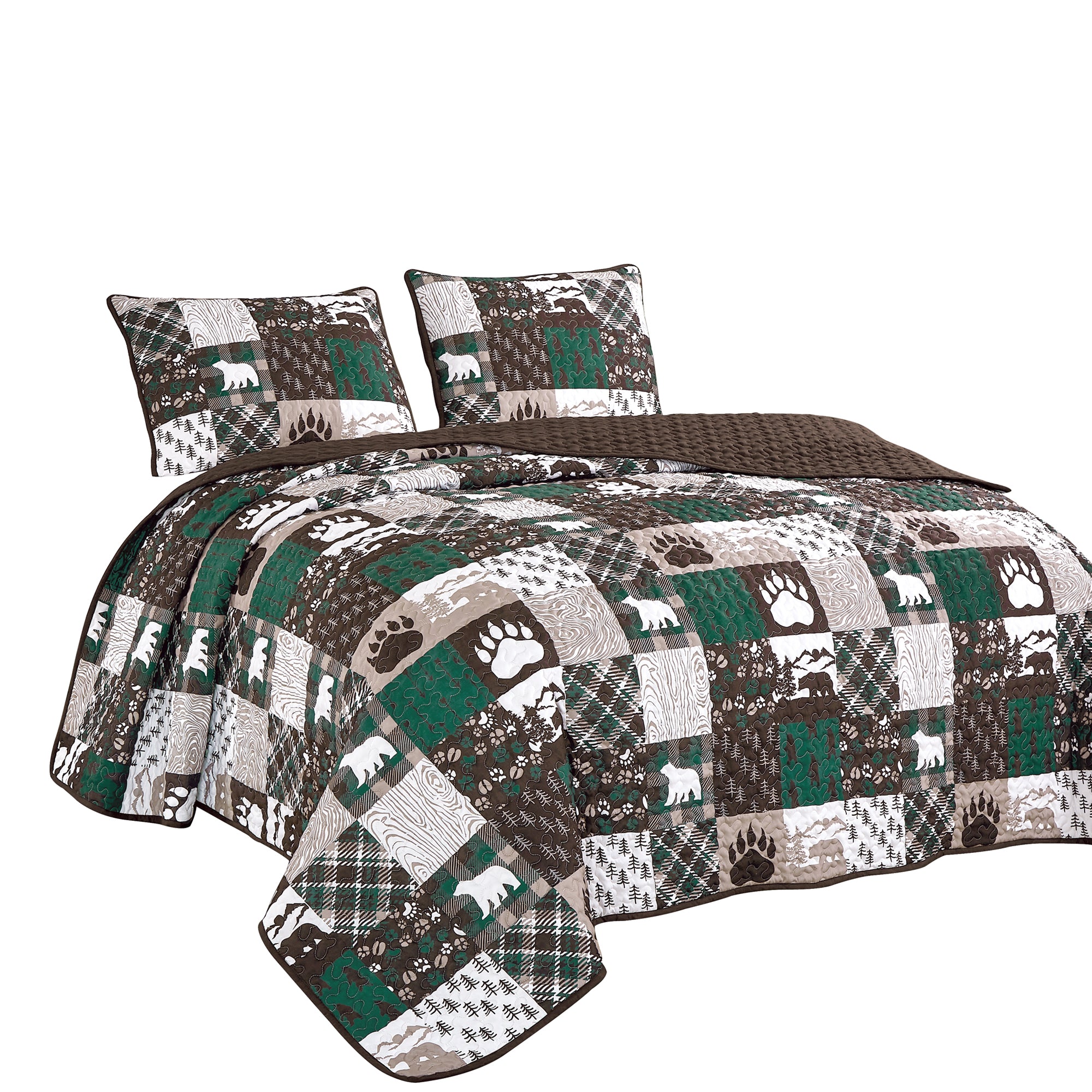 3-Piece Rustic Lodge Polyester Quilt Bedspread Set – Patchwork Bear & Paw Print Cabin Bedding JB600