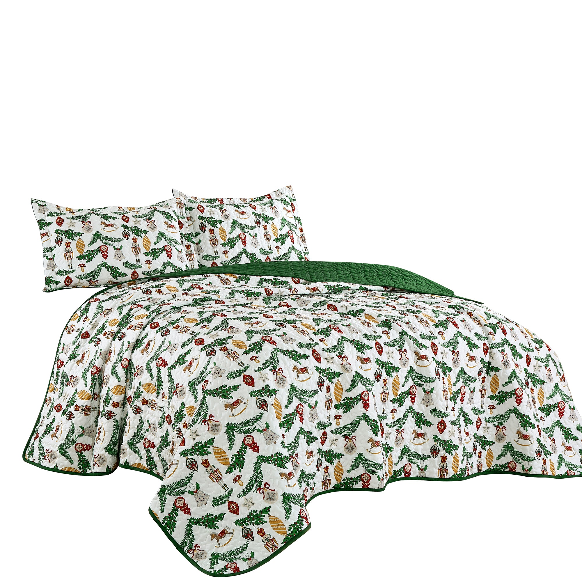 3-Piece Holiday Cheer Christmas Bedspread Set– Reversible Quilt with Ornaments & Evergreen Print JB601