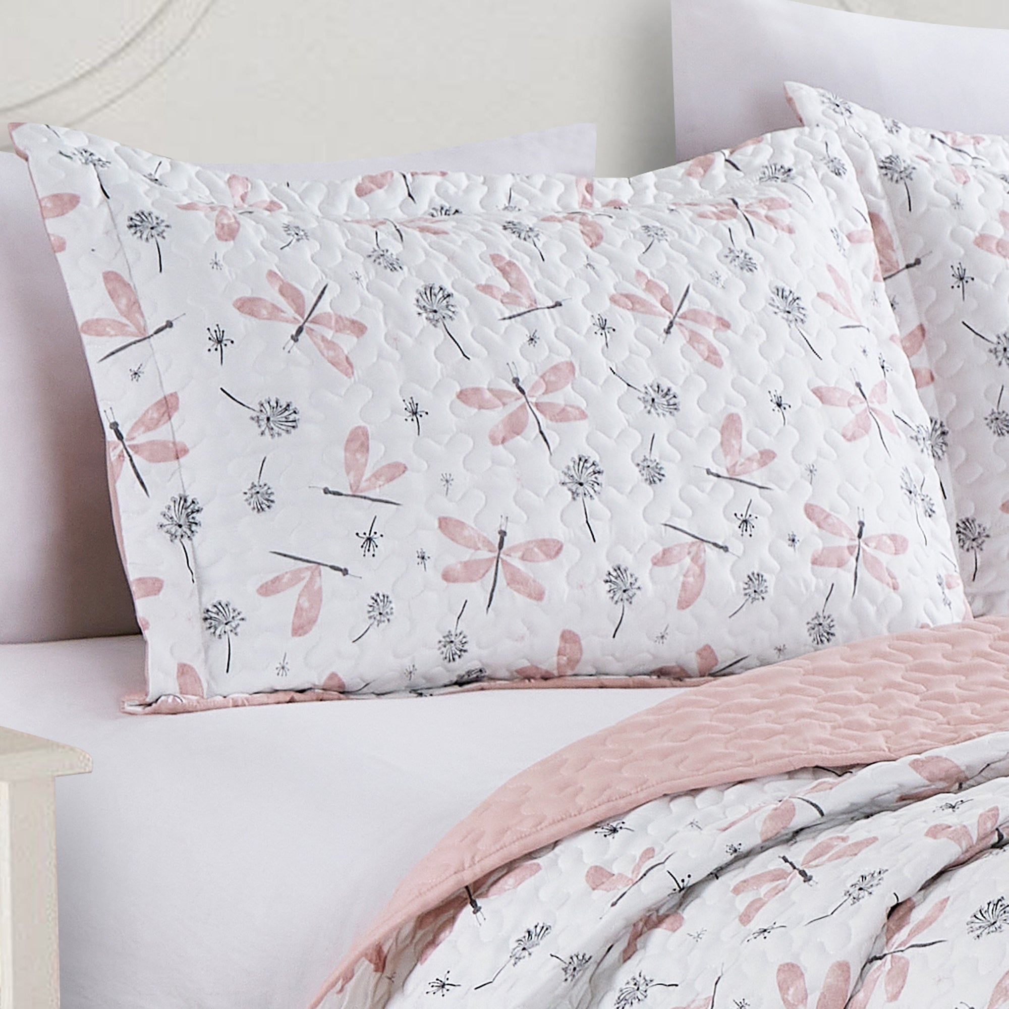 2/3 PCS Kids Bedspread Set Dragonfly and Dandelion Print Reversible Quilt