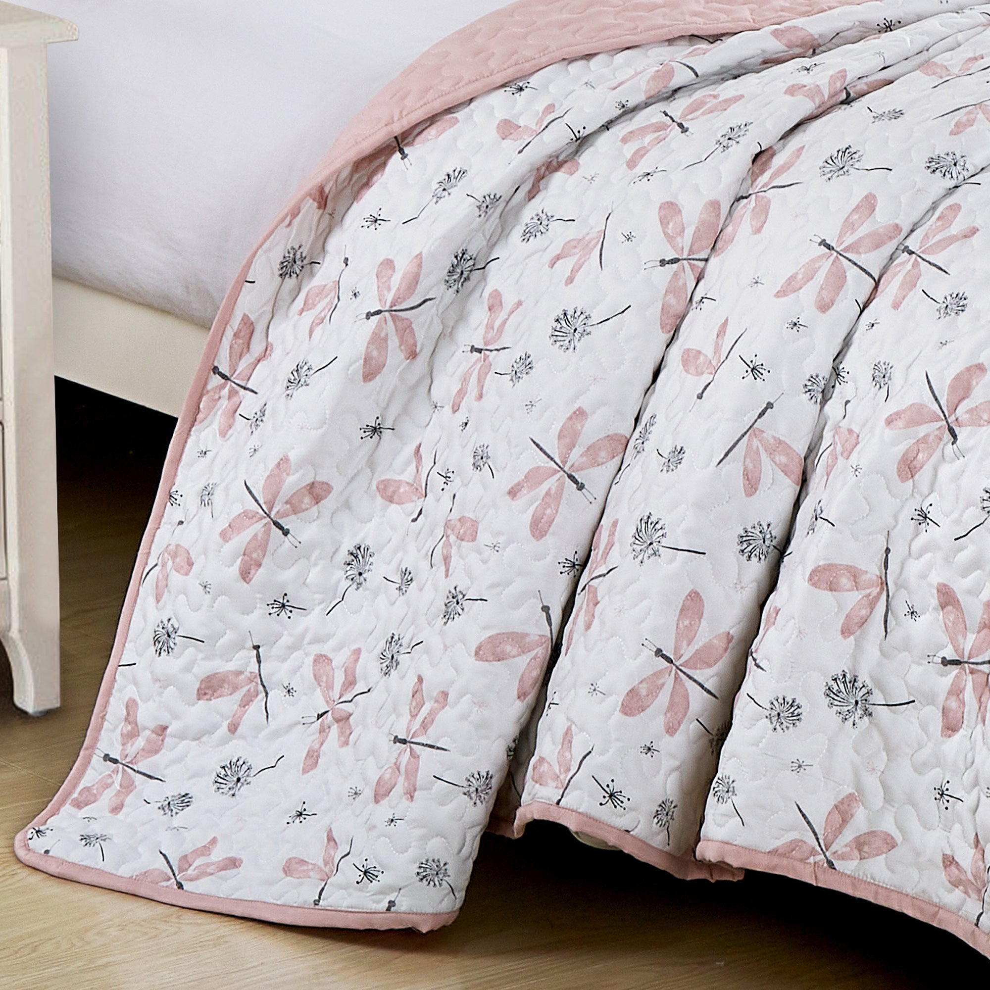 2/3 PCS Kids Bedspread Set Dragonfly and Dandelion Print Reversible Quilt