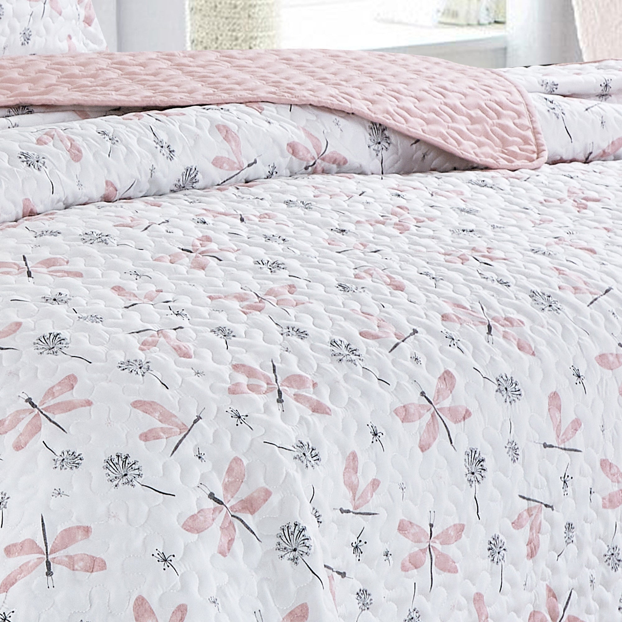 2/3 PCS Kids Bedspread Set Dragonfly and Dandelion Print Reversible Quilt