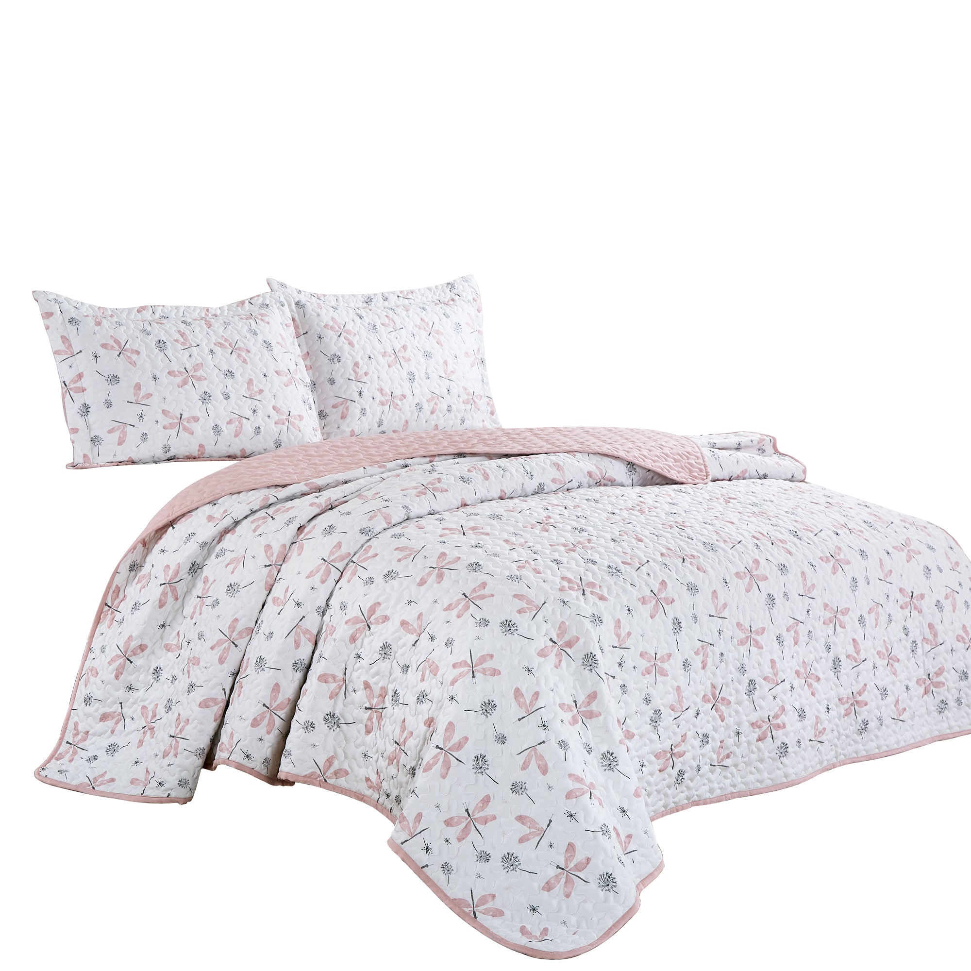 2/3 PCS Kids Bedspread Set Dragonfly and Dandelion Print Reversible Quilt