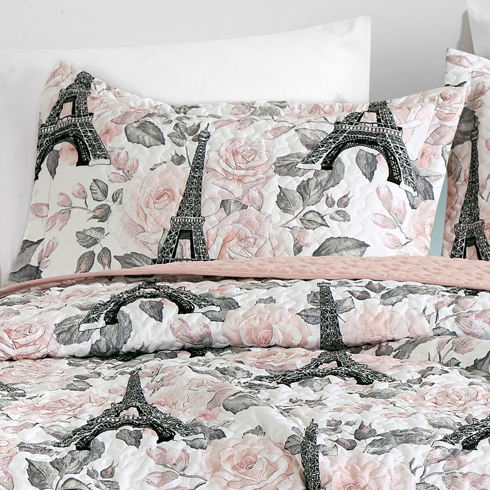 2/3 PCS Kids Bedspread Set Eiffel Tower & Floral Paris Design, Reversible Quilt with Pink Back